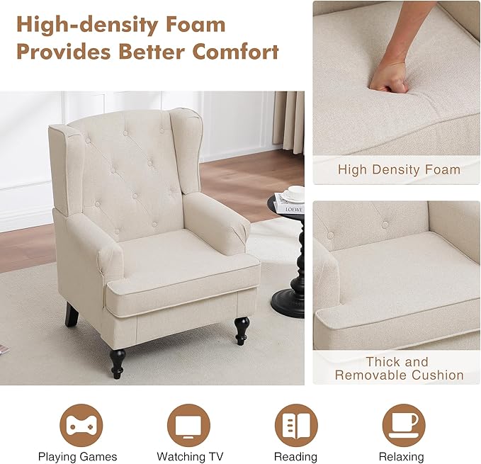 Accent Chair for Living Room, Mid Century Modern Upholstered Armchair, Wingback