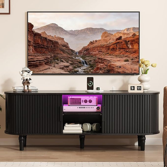 TV Console with Power Outlet-55" Entertainment Center with Sliding Tambour Door