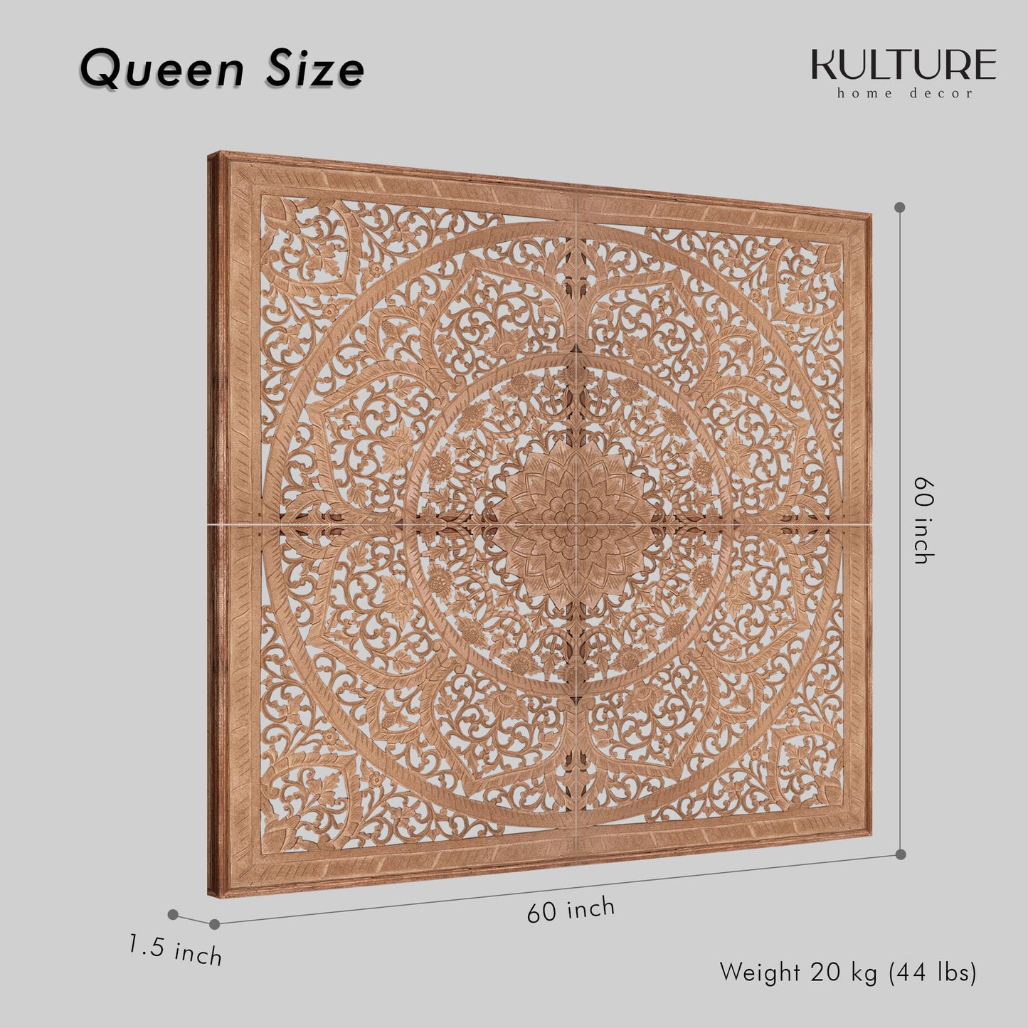KultureDeco Personalized Carved Headboard Wall Panels, Manusa Natural Brown, Customizable Handcrafted Headboard from Bali Indonesia, Wall Mounted Behind Bed, King or Queen Size, Hardware Included