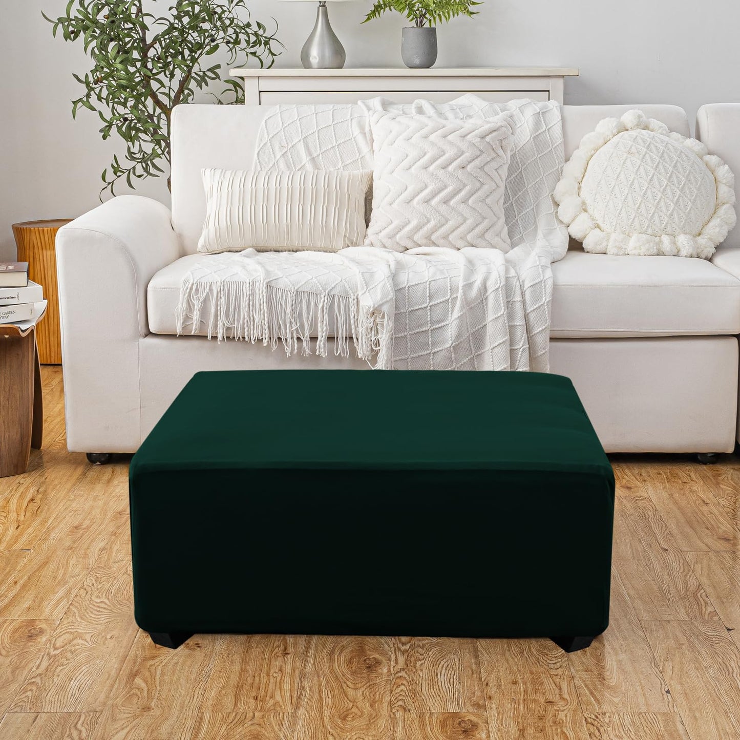 UOIJAY Super Stretch Ottoman Cover- Soft Form Fit Ottoman Cover Rectangular Ottoman Slipcovers for Folding Storage Furniture, Footstool Cover with Nonslip Elastic Bottom (Large, Hunter Green)