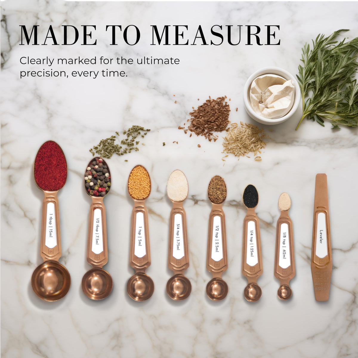 Copper Measuring Spoons Set with Leveler – 8-Piece Double-Sided Nesting Magnetic Measuring Spoons, Stackable & Spice Jar Friendly – Stylish Copper Kitchen Accessories and Decor for Baking and Cooking