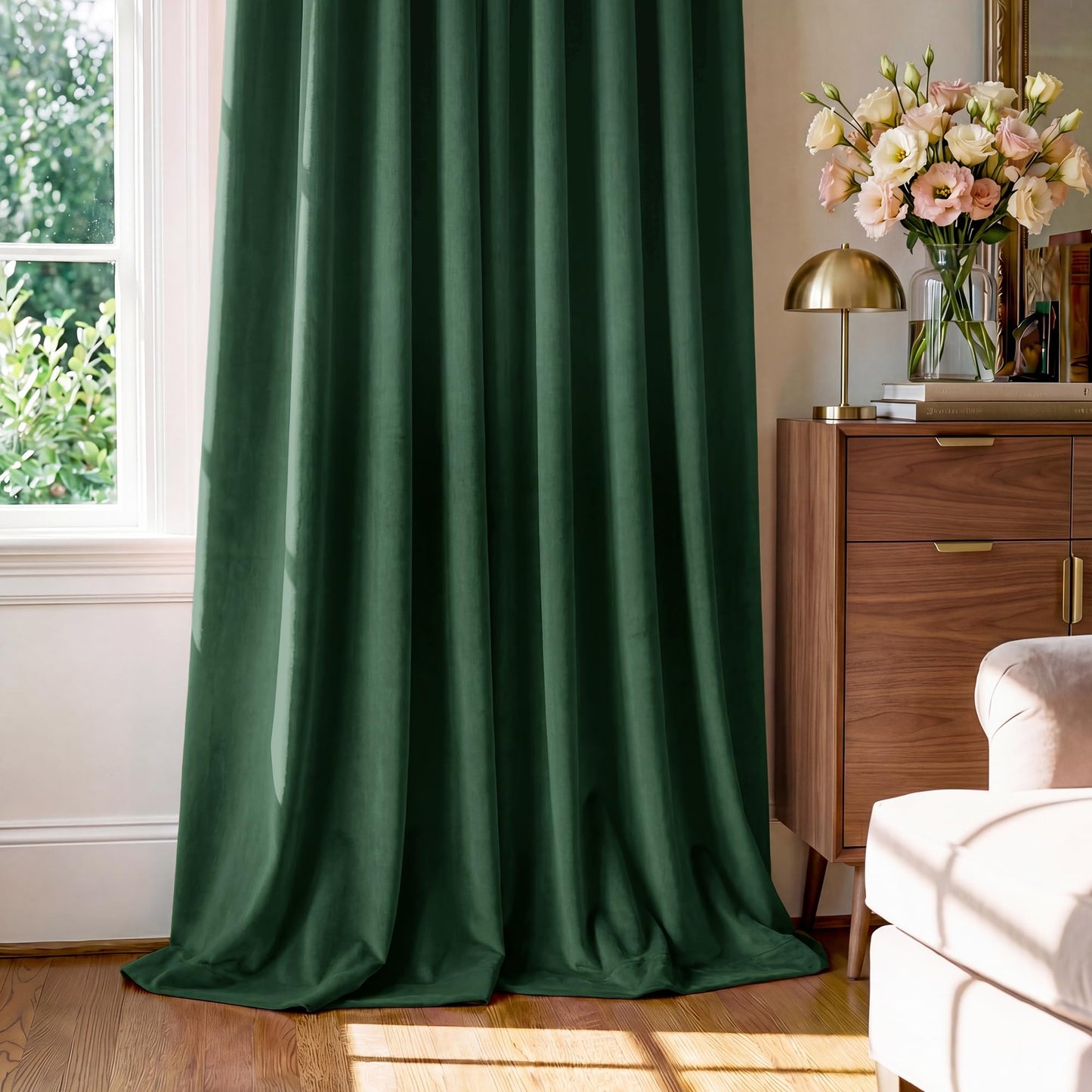 StangH Dark Green Velvet Curtains 108 - Extra Long Grommet Blackout Sliding Door Curtain Panels Privacy Assured Room Divider Curtains for Temporary Office/Shared Space, W52 x L108, 2 Panels
