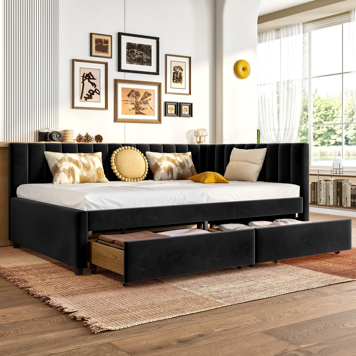 KEIKI Full Size Upholstered Daybed with Storage Drawers, L-Shaped Corner Bed Frame with Velvet Headboard, Modern Space-Saving Captain’s Bed for Living Room or Guest Room, Black