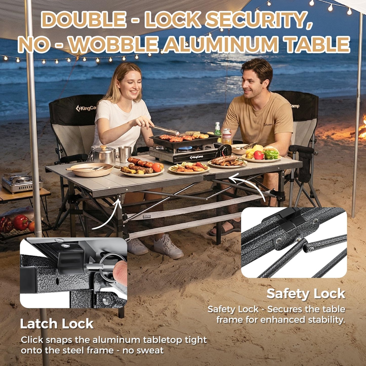 KingCamp Folding Camping Table, Aluminum Roll-Up Camp Table, Large Foldable Table for 6-8 Person, Outdoor Portable Tables with Carry Bag, 180 LBS Heavy Duty Load (Silver+Mesh：53.5" × 27.5")