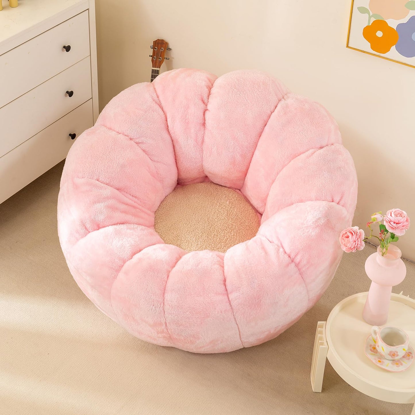 IEVENW Pumpkin Bean Bag Sofa Chair for Adult, Beanbag Couch with Filler for Reading and Relaxation, Comfy and Lazy Sofa for Dorm, Apartment, Living Room and Bedroom, Pink