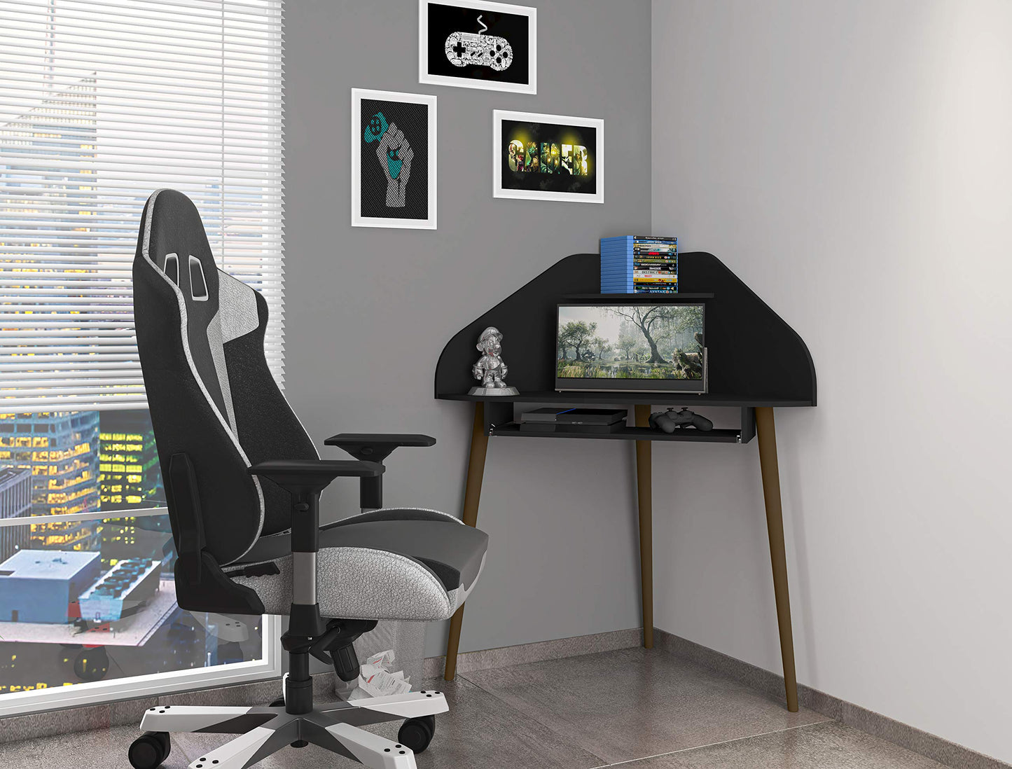 Manhattan Comfort Bradley Mid Century Modern Home Office Cubicle Section Study Desk, 2 Piece, Black