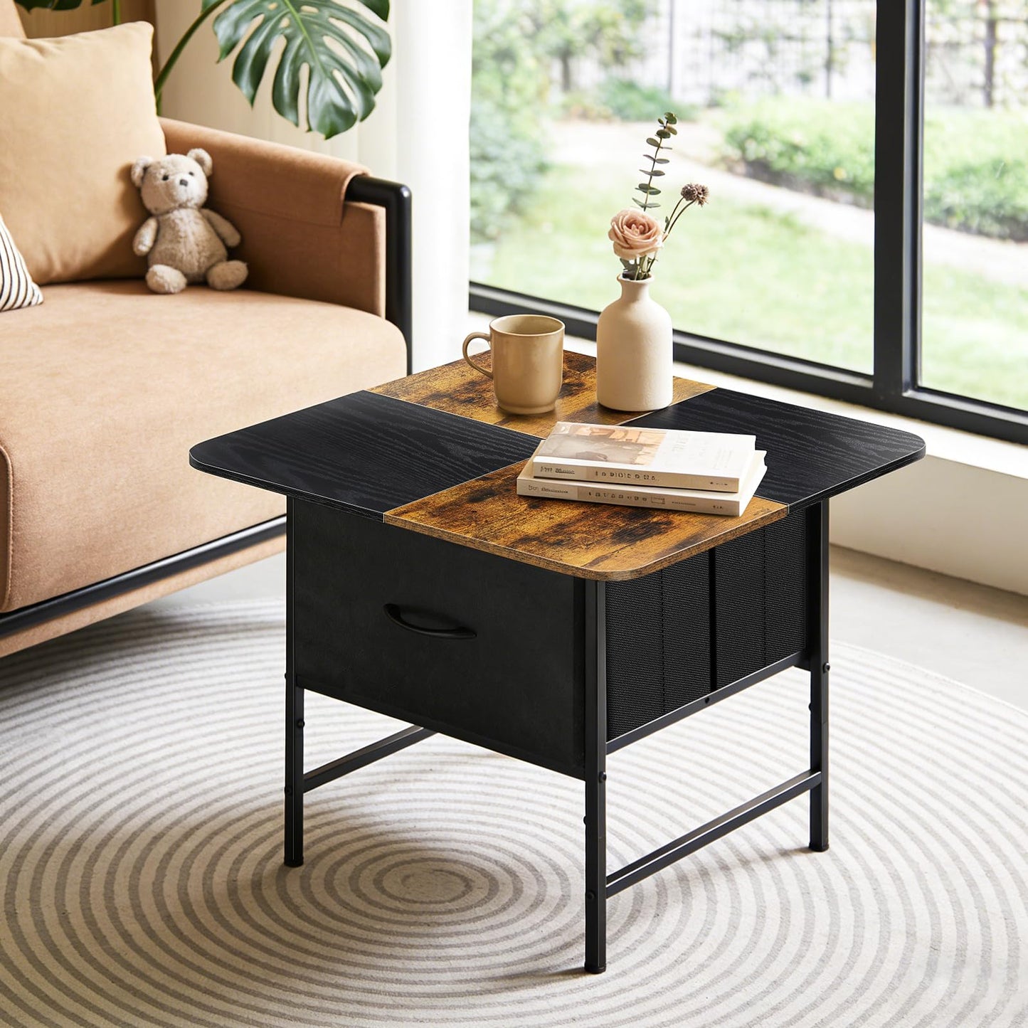 KANEODOT Coffee Tables for Living Room,Modern Small Coffee Table with 2 Large Storage Drawers,Wooden Square Center Table for Small Space,Apartment,Dorm,Home Office,Black Brown
