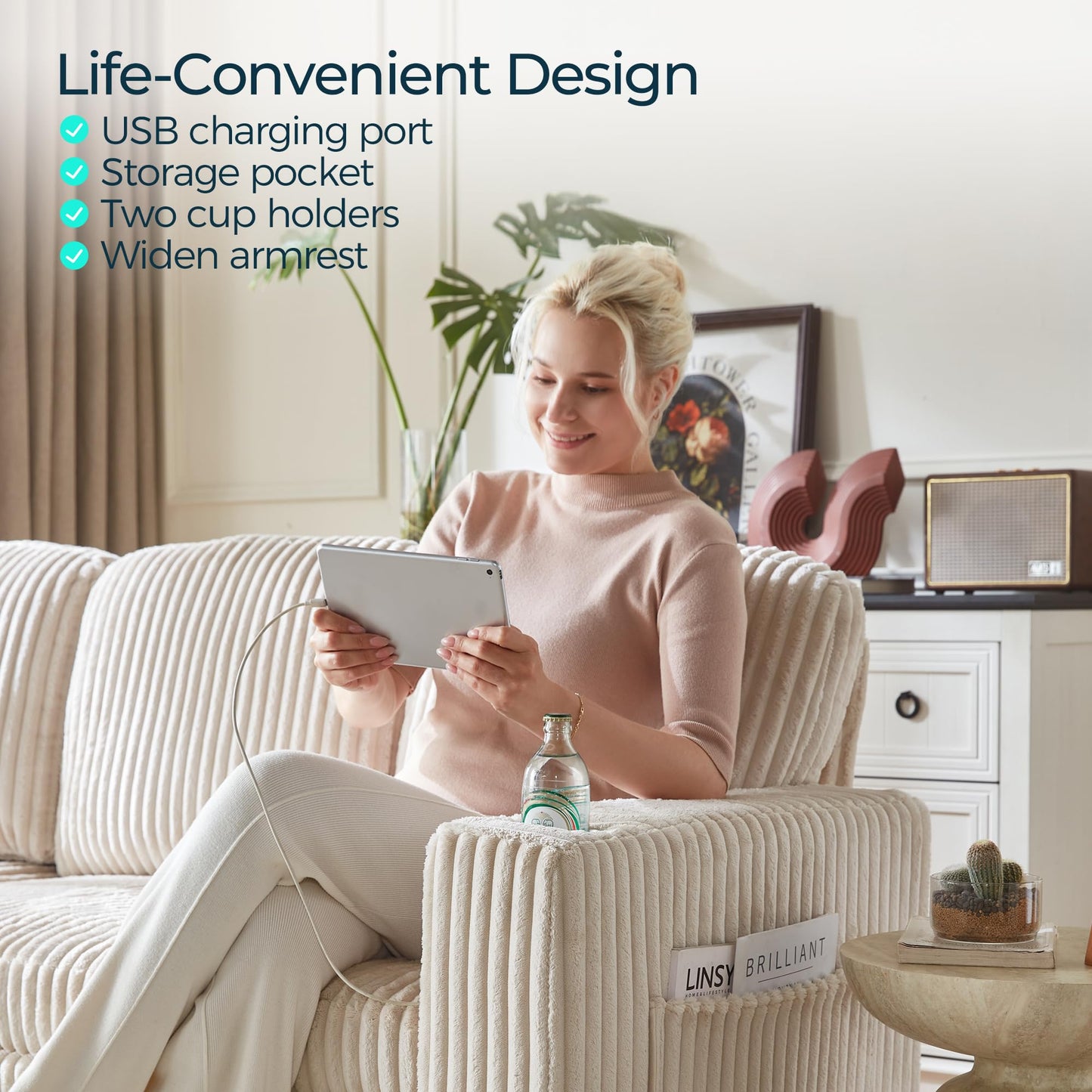 LINSY HOME Sectional Sleeper Sofa Pull Out Couches for Living Room (Beige, Sleeper Sofa 1) | Pull Out Sofa Bed, Storage, USB Charging, Cup Holders, Plush Corduroy