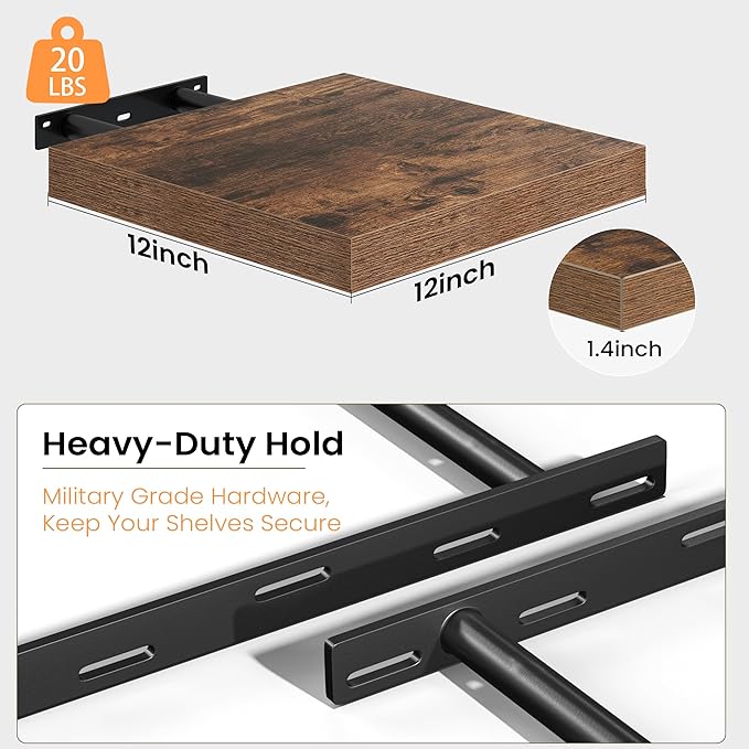 Fun Memories Floating Shelves for Wall, 12 Inch Set of 3 Rustic Wood Wall