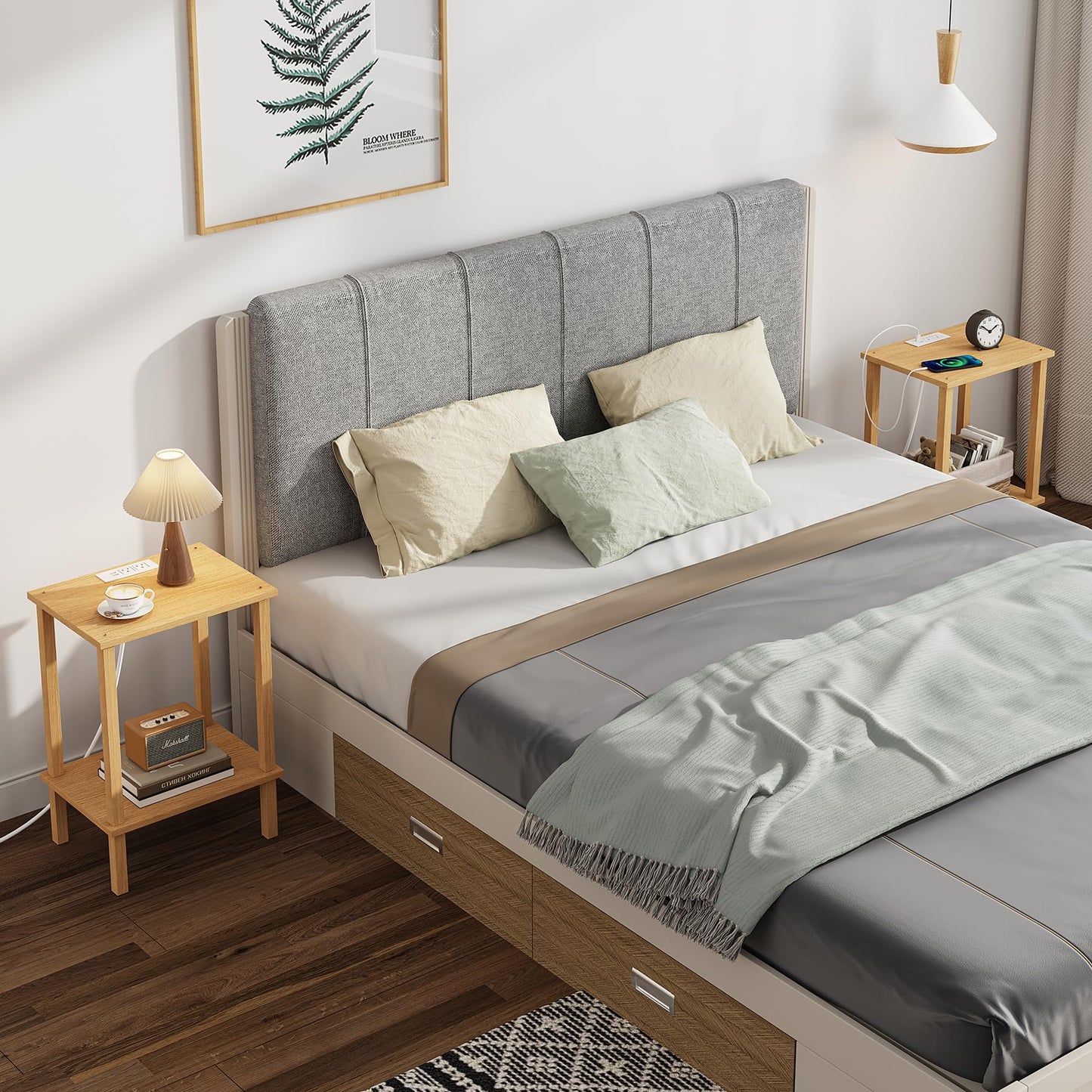 TUTOTAK End Table with Charging Station, Small Side Table with Outlets, Nightstand Bedside Table, 2-Tier Storage Shelf for Small Space, Living Room, Bedroom, Natural TB01BN040