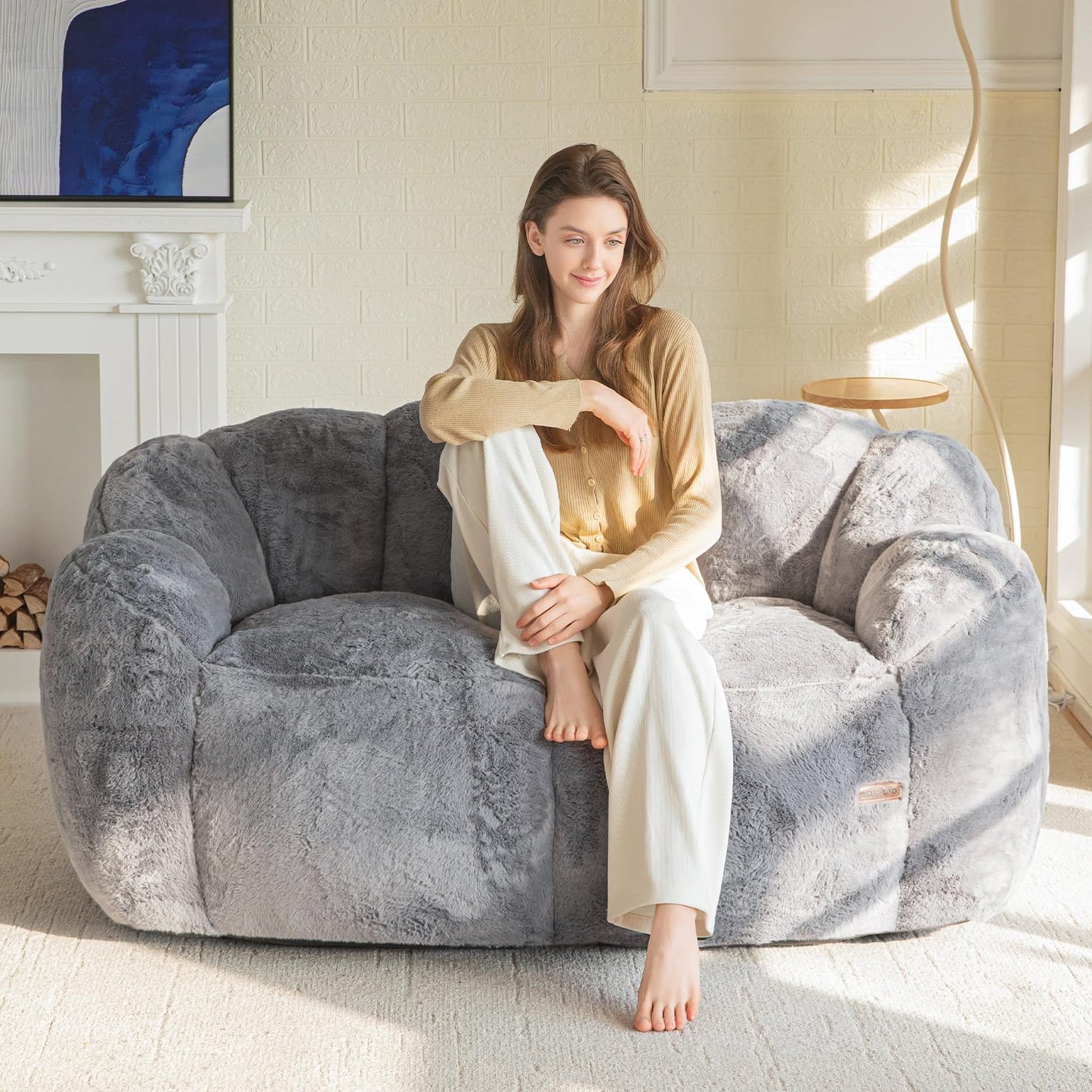 MAXYOYO Bean Bag Chair for Adults, Loveseat Floral Shaped Bean Bag Sofa, Ultra Soft Love Seat Mini Sofa Couch, Faux Fur Reading Chair for Living Room Bedroom, Dark Grey