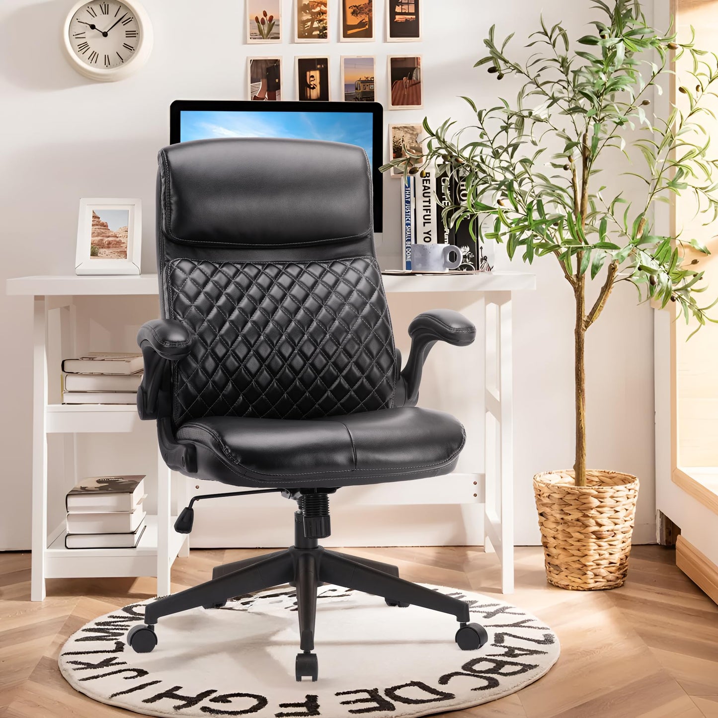 High Back Executive Office Chair-Ergonomic Computer Chair with Flip-up Arms, Executive Leather Office Chair, Adjustable Tilt Tension, Swivel Rolling Home Office Desk Chair-Black,300lbs