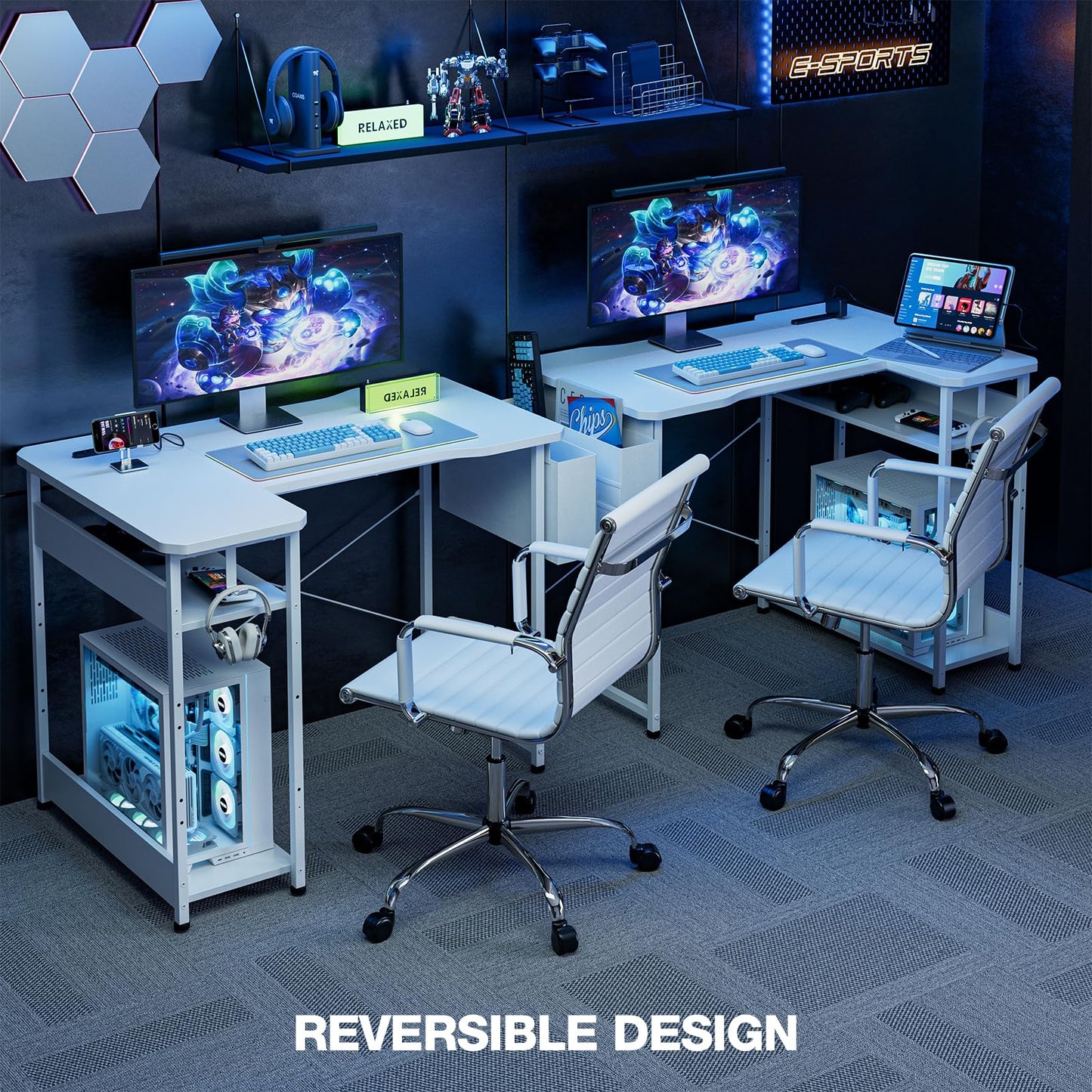 Acrolix L Shaped Gaming Desk 48 Inch - Computer Corner Desk with Power Outlets, Reversible Shelves & Storage Bag for Home Office, PC Gaming Table, White Carbon