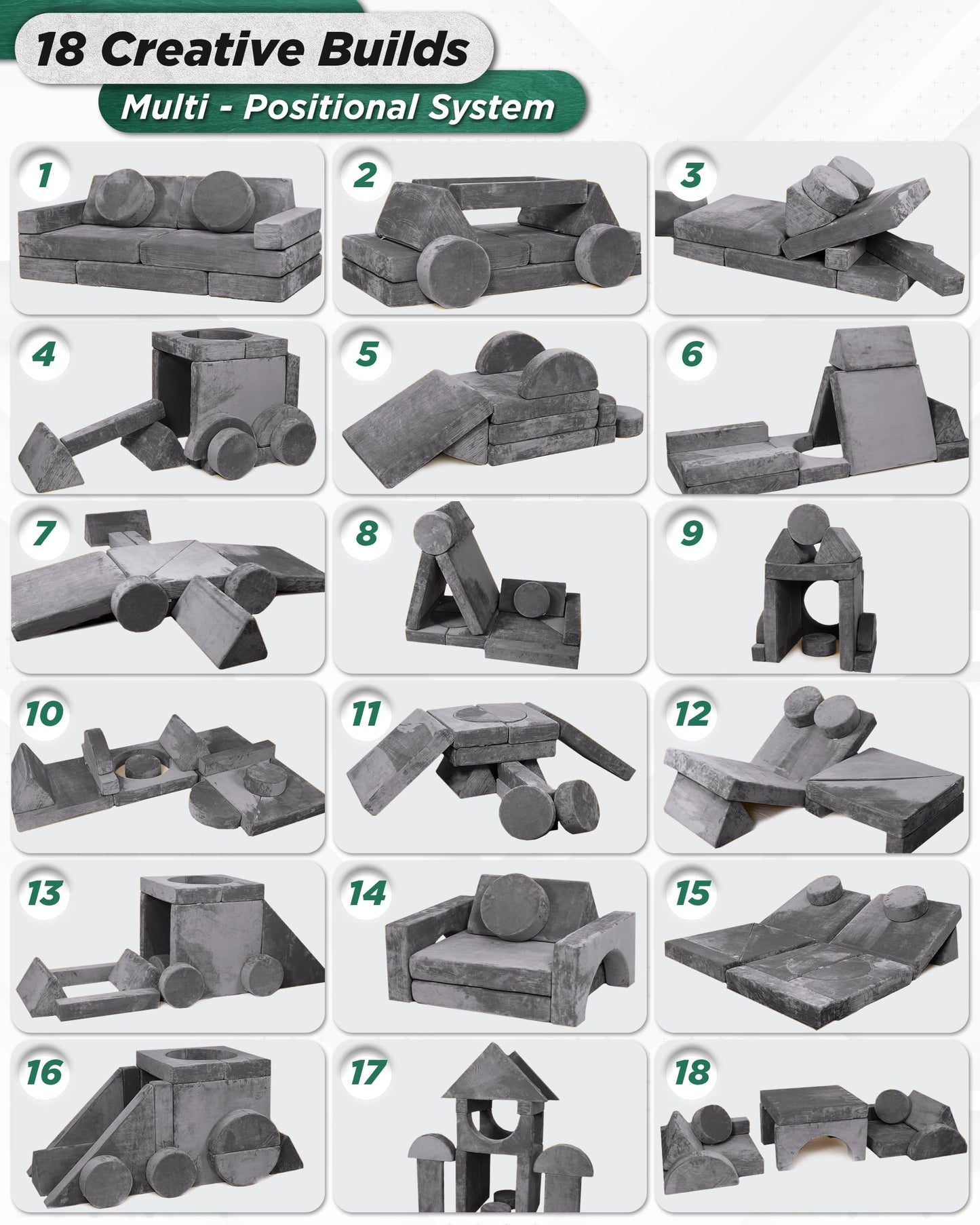 Lunix LX15 14pcs Modular Kids Play Couch, Design-Patent Child Sectional Sofa, Fort-Play Bedroom Playroom Furniture for Toddlers, Convertible Foam, Washable Covers, OEKO-TEX & CertiPUR-US, Granite Gray