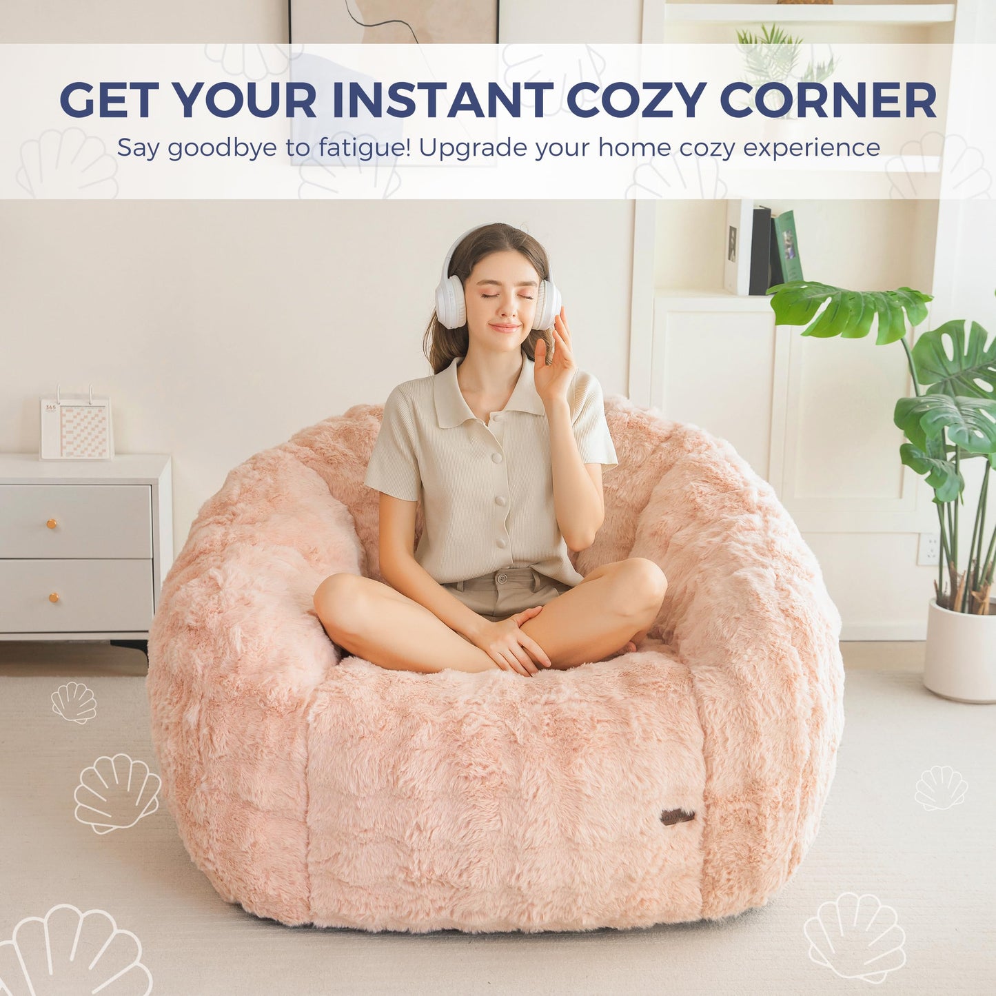 MAXYOYO Giant Bean Bag Chair for Adults, Stuffed Shell-Shaped Large Bean Bag Couch, Cozy Living Room Chair with Filler, Floor Sofa Lazy Sofa for Bedroom Living Room, Pink