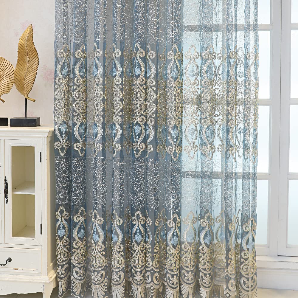 Amidoudou 1 Pair European Jacquard Sheer Curtains Embroidered Tulle Curtains Living Room Bedroom Luxury Translucent Window screening (Blue Grey,63x96 Inch)