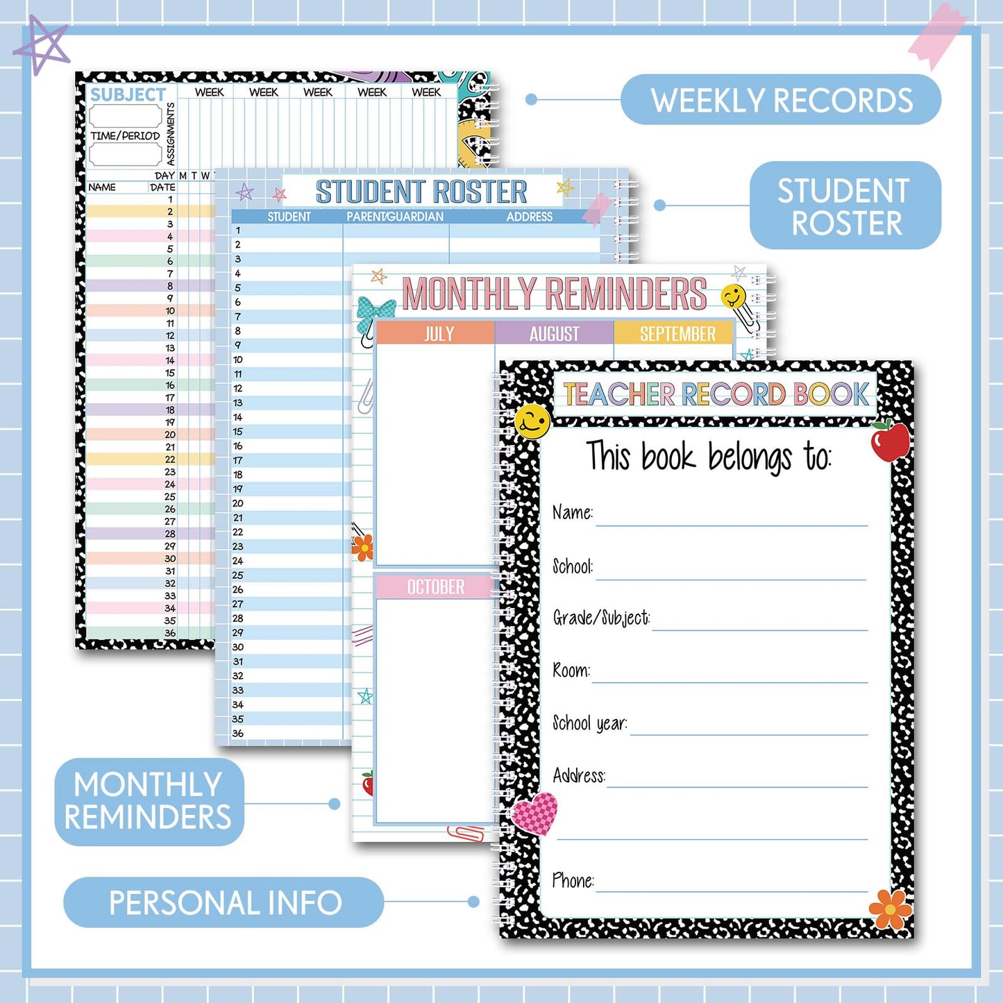 Fuyoooo Teacher Record Book 2026-2027 Teacher Grade Books Spiral Bound Record Planner 2026 Class Grade Book Office Favors for Classroom Attendance Planner Decoration Double Sided(Pastel, Checkered)