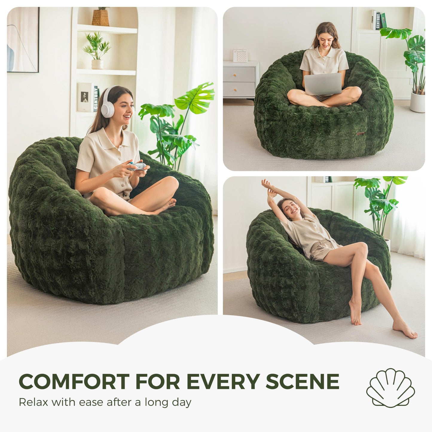 MAXYOYO Giant Bean Bag Chair for Adults, Stuffed Shell-Shaped Large Bean Bag Couch, Cozy Living Room Chair with Filler, Floor Sofa Lazy Sofa for Bedroom Living Room, Green, Standard