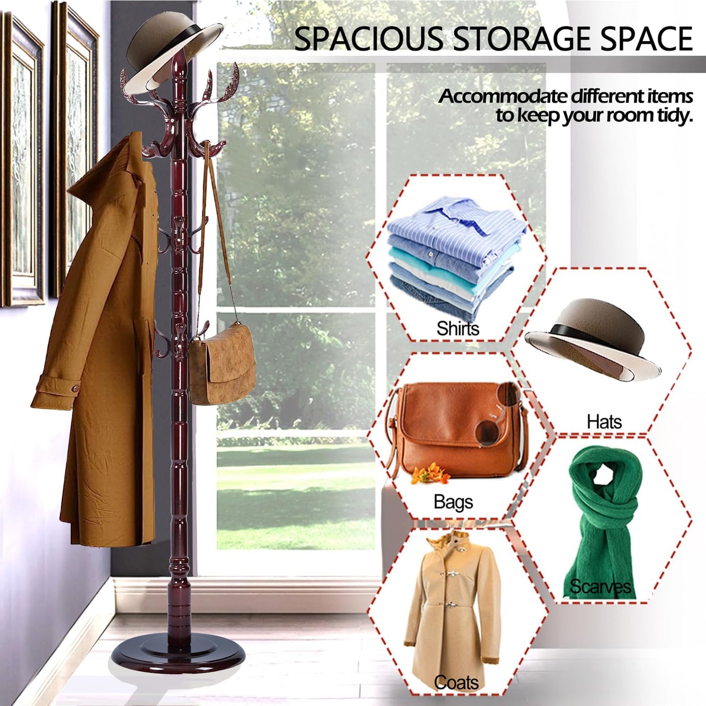 Sauqzoh Coat Racks Free Standing with 14 Hooks, Natural Wood Coat Stands for Entryway, Adjustable Height 72 in Tree Coat Rack Stand for Hallway Home Office Bedroom (Mahogany Phoenix)