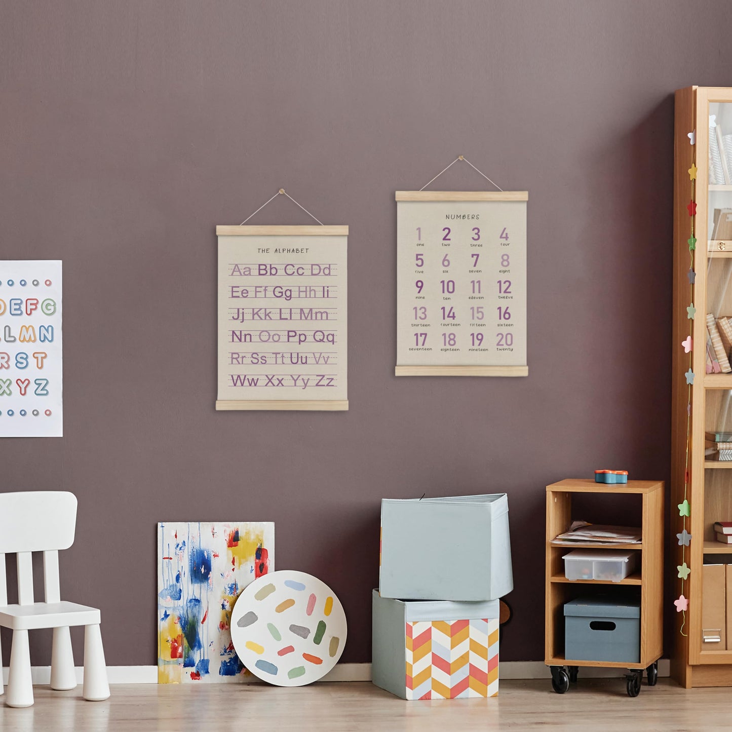 HRQKO Alphabet Numbers Poster Hanger Frame Set of 2, Girls Nursery Wall Decor, Boho ABC Poster Wall Art with Wooden Frames, Purple Alphabet Banner Wall Hanging Decor for Toddler Playroom, 12x16 Inch