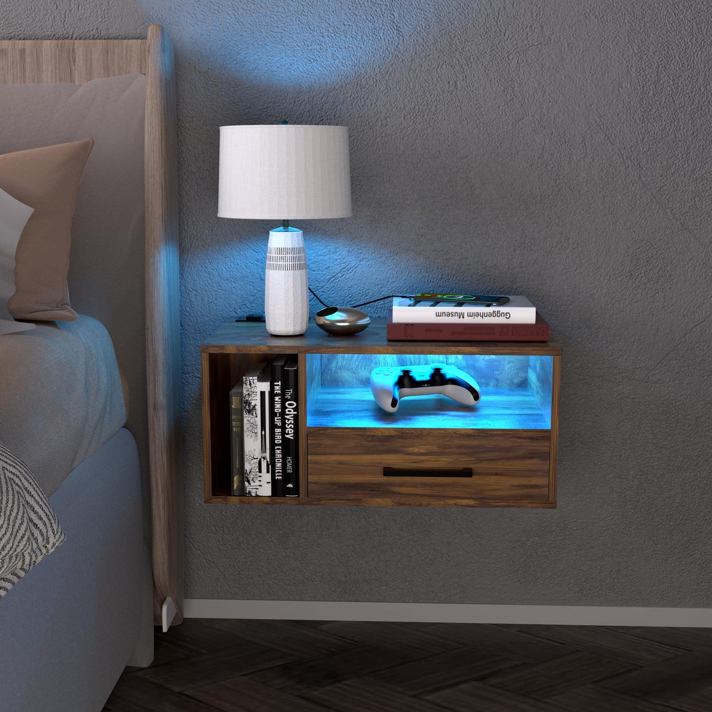 Homaterial Floating Nightstand with Charging Station and LED Lights, Floating Bedside Table with Drawers Wall Mounted Nightstands,for Bedroom Room, 21.3" x 11.8" x 10",Rustic Brown