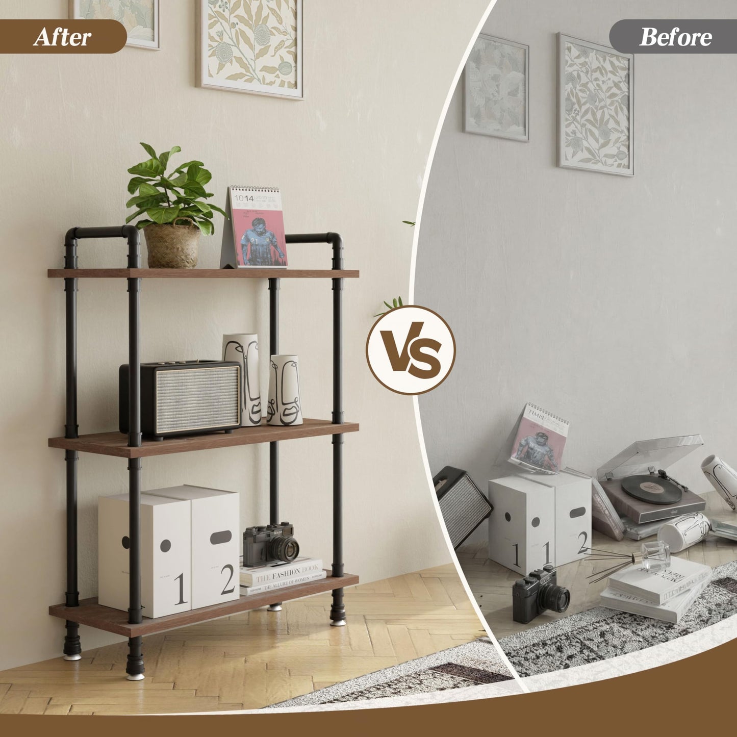 Industrial Bookshelf, Rustic Open Bookcase, 3 Tier Wood and Metal Bookshelf, Solid Pine Wood and Iron Pipe Storage Shelf Narrow Small Space Storage Shelf for Living Room Office Bedroom Kitchen