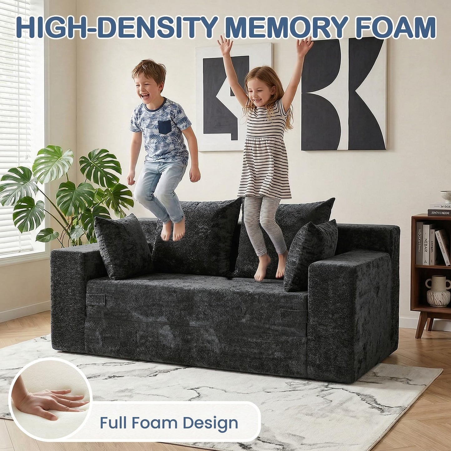 Winzoo Boneless Loveseat Sleeper Sofa Bed, 3-in-1 Convertible Sofa Bed and Floor Futon Couch (Velvet-Black, Loveseat (55"))