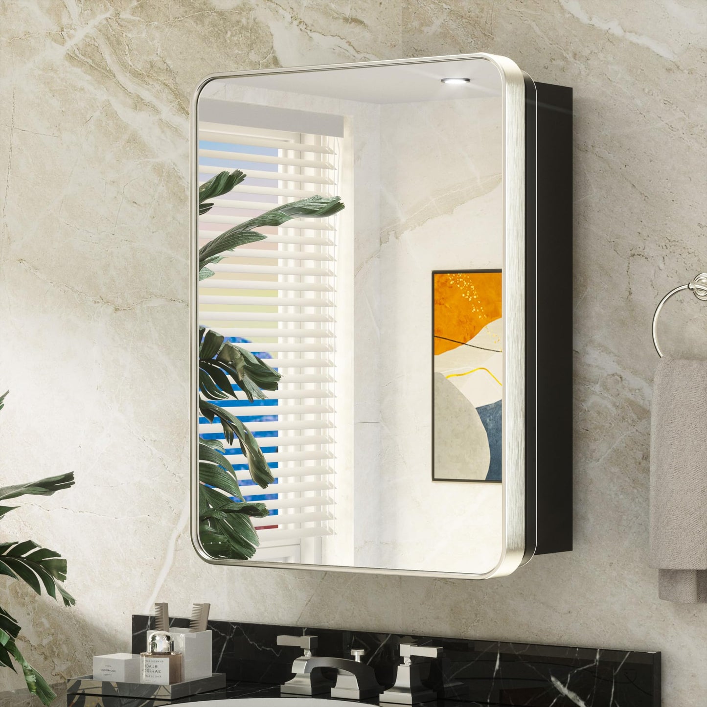 Keonjinn 20 x 26 Inch Brushed Nickel Recessed Medicine Cabinets, Bathroom Mirrored Medicine Cabinet, Brushed Nickel Stainless Steel Framed, Adjustable Shelves, In Wall or Surface Mount, Sturdy, Modern