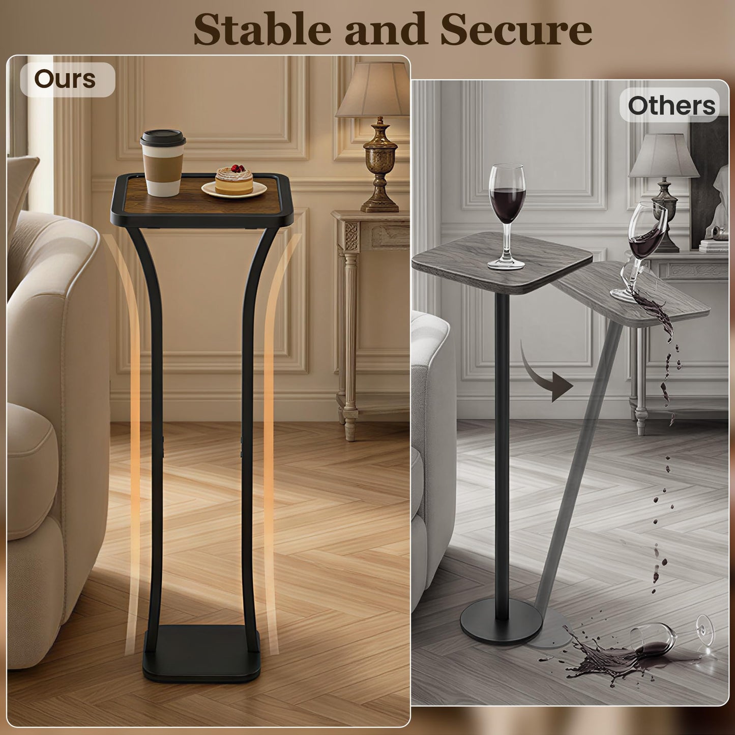 NANAGIFTREE Small Square Side Table, Drink Table with Weighted Base, Solid Wood & Metal Accent Table for Small Spaces, Pedestal End Table for Living Room, Bedroom, Office(Black + Walnut)