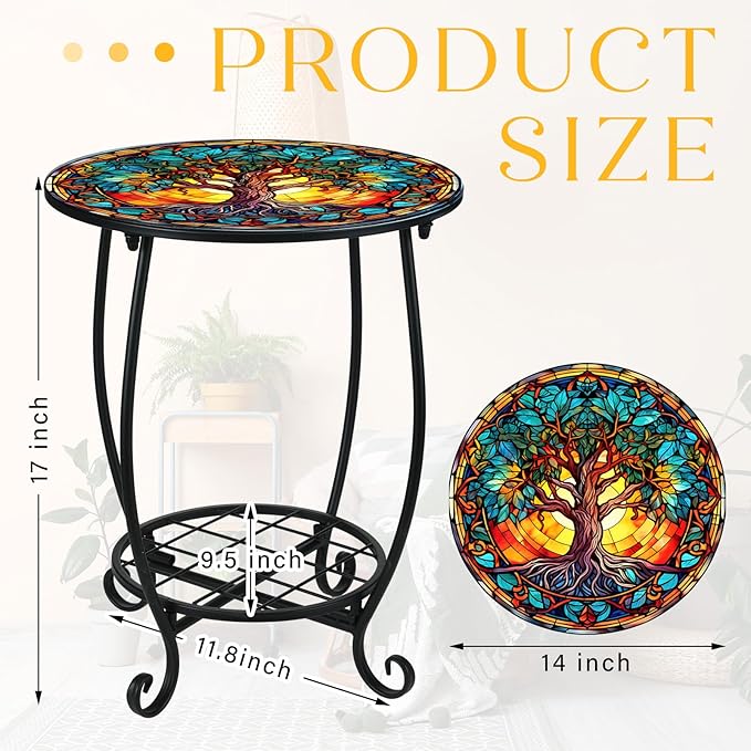 Cinnvoice Outdoor Side Table Round Small Mosaic Patio Accent Indoor End Plant