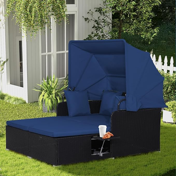 COSTWAY Outdoor Daybed with Retractable Canopy, Wicker Patio Furniture Set with