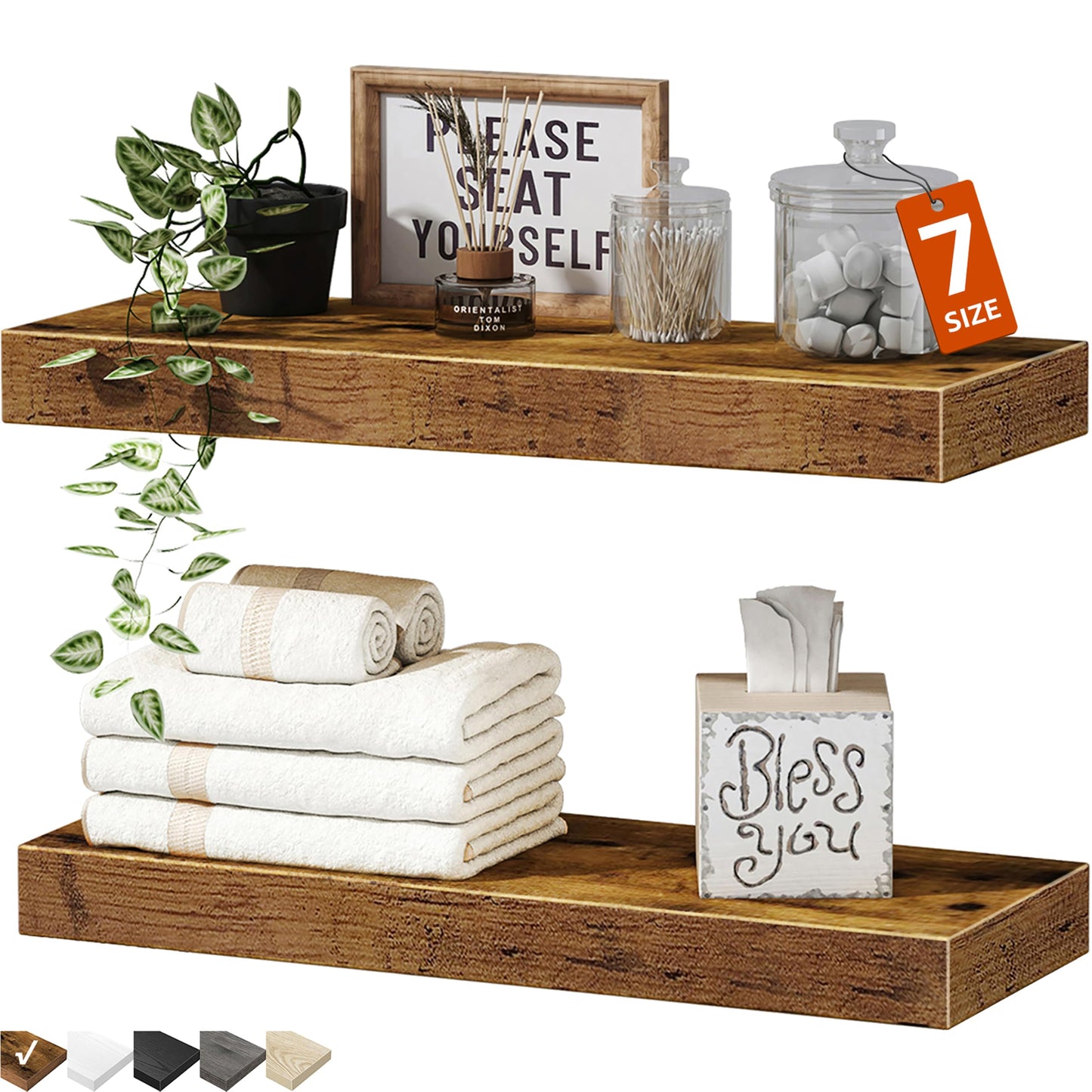 QEEIG Bathroom Floating Shelves for Wall - 15.7" Wall Mounted Shelf Over Toilet Farmhouse Home Decor Display Bookshelf Small 15.7 x 6.7 inch Set of 2, Rustic Brown (008-40BN)