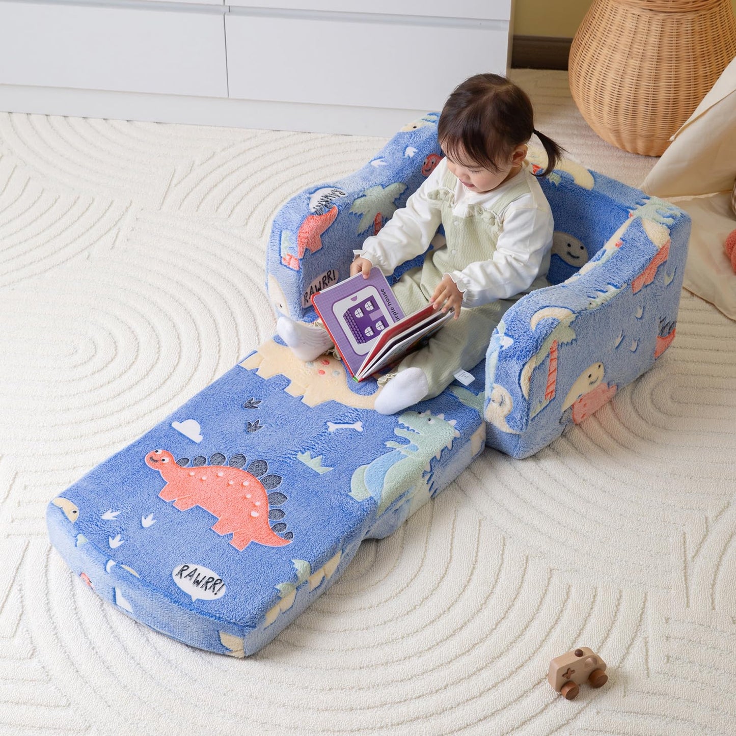 aodisman Thick Comfy Kids Chair and Couch, 2-in-1 Soft Foldable Plush Kids Sofa, Foam Seating for Reading and Play, Removable Washable Cover, Blue Dinosaur
