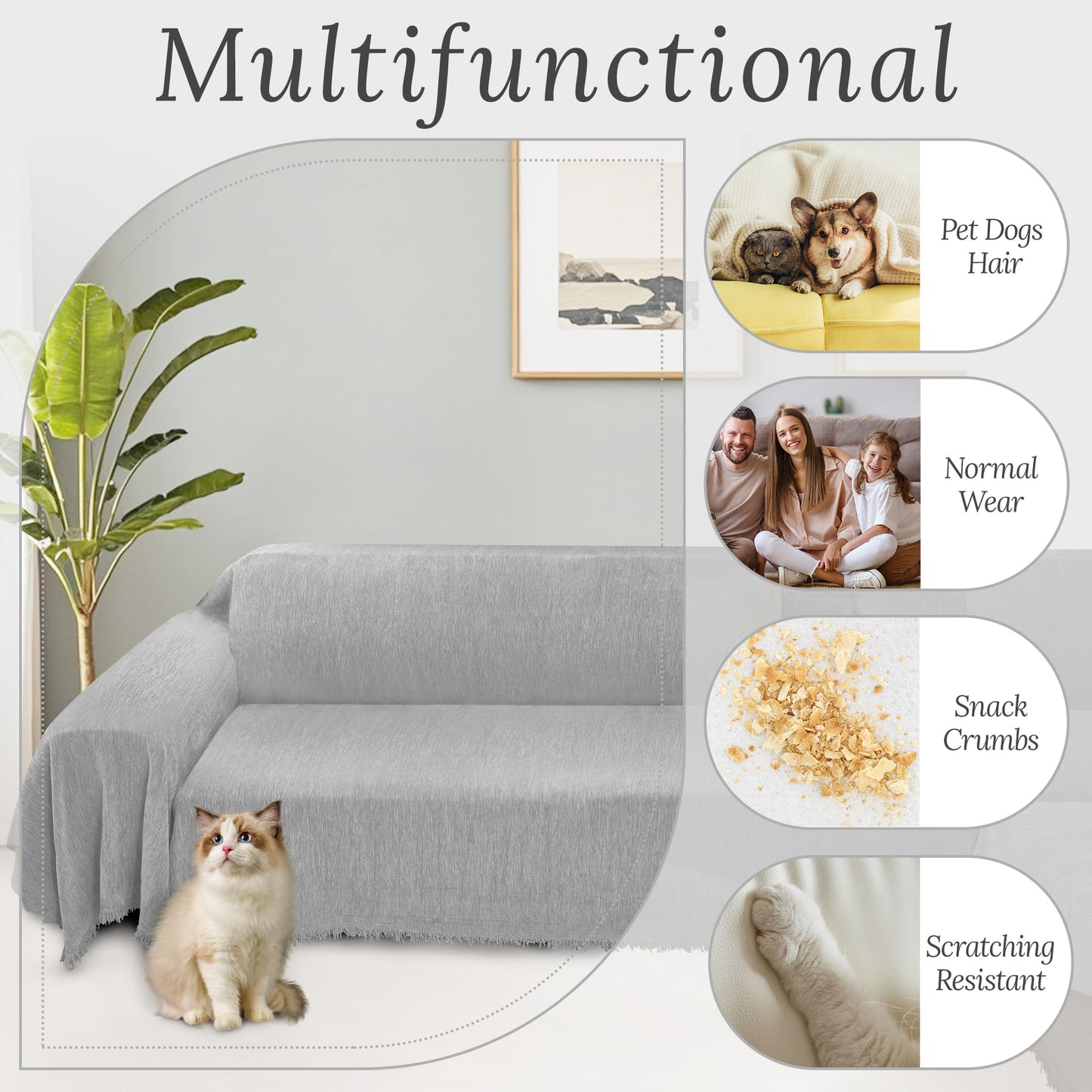 HDCAXKJ Corner Sectional Couch Covers for Dogs L Shape Sofa Cover with Tassel Chenille Super Soft Non Slip U Shaped Couch Cover Blanket Washable Sectional Slipcover Protector (Ash Gray, 71x276 inch)