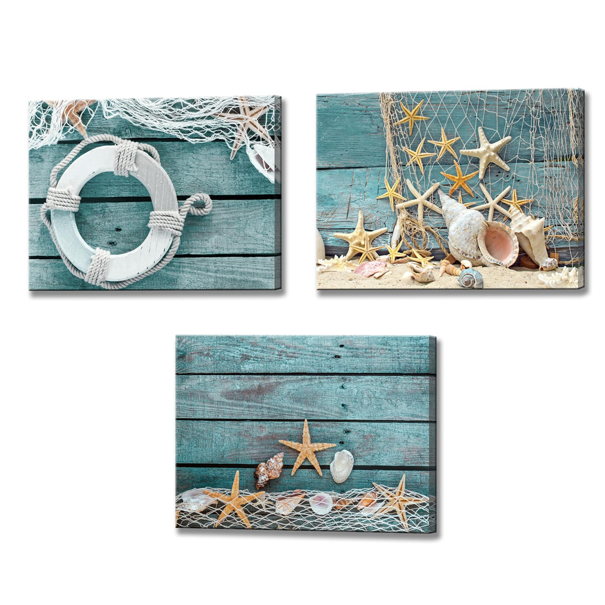 Biuteawal- 3 Piece Canvas Wall Art Starfish Shell on Teal Board Painting Prints Beach Nature Picture Canvas Artwork for Home Kitchen Bathroom Living Room Wall Decor Ready to Hang