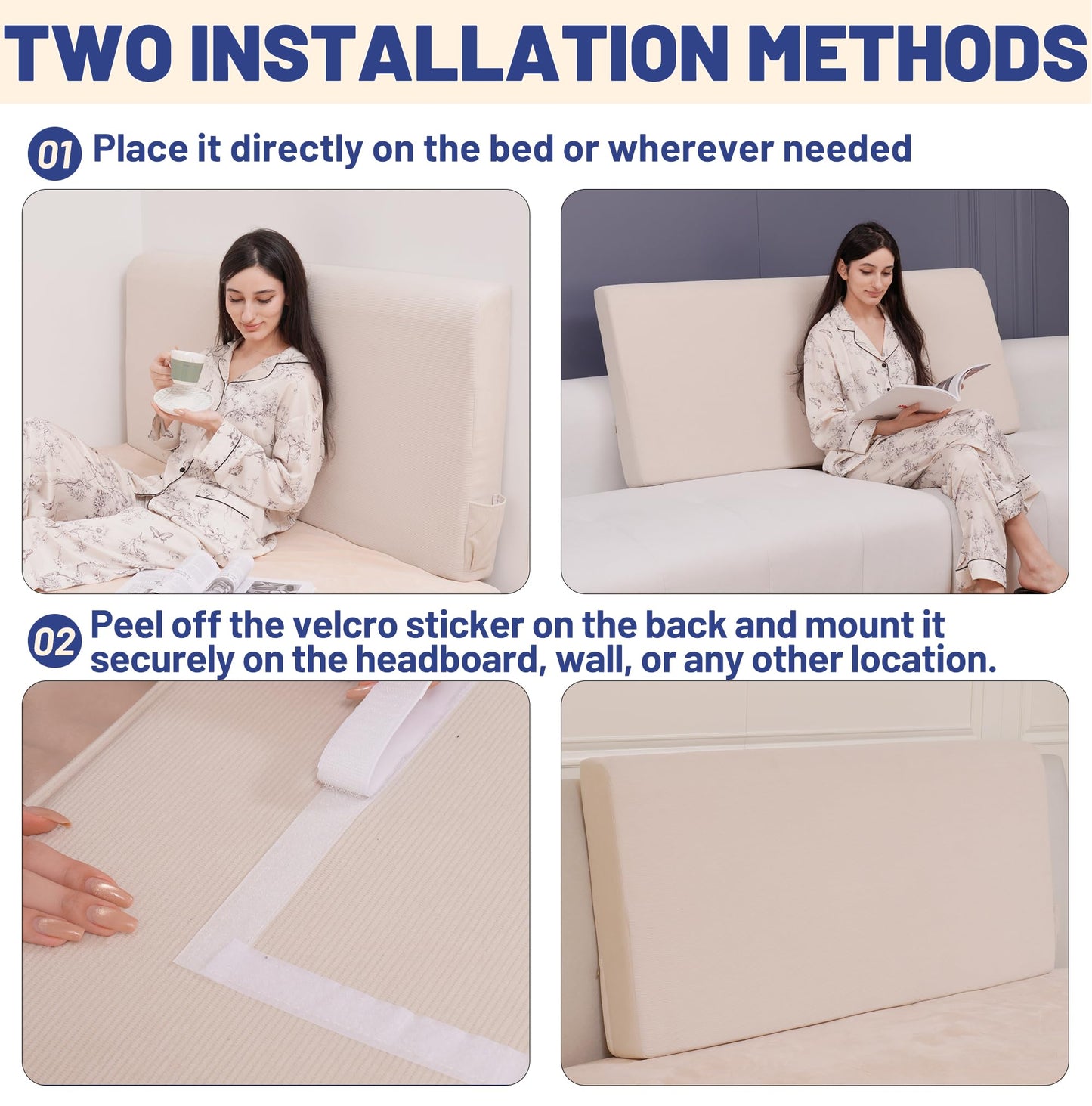 Upholstered Cotton Velvet Full Headboard No Assembly Required Direct Installation, Soft Headboard with Storage Pocket, Removable Washable Cover, 3D Soundproof Bed Wall Panels, 54x4x24, Beige