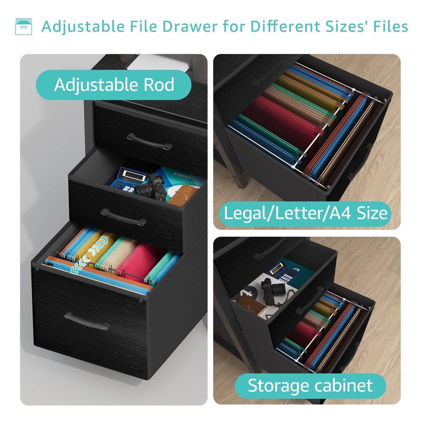 Lufeiya Computer Desk with Fabric File Drawers Cabinet, 55 Inch Reversible Home Office Desks with Filing Cabinet, Study Writing Table PC Desks with Storage for Bedroom, Black