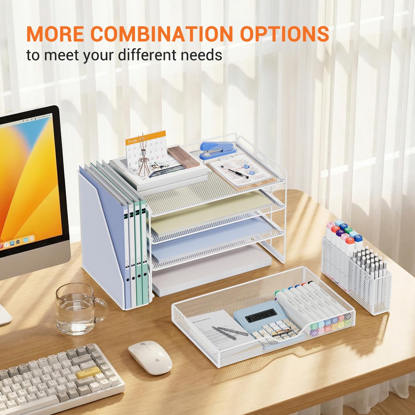 OPNICE 4-Tier Desk Organizer and Accessories, Desktop File Organizer with Drawer, Pen Holder and File Holder, Paper Letter Tray Organizer, Office Desk Accessories for Home Office Supplies, White
