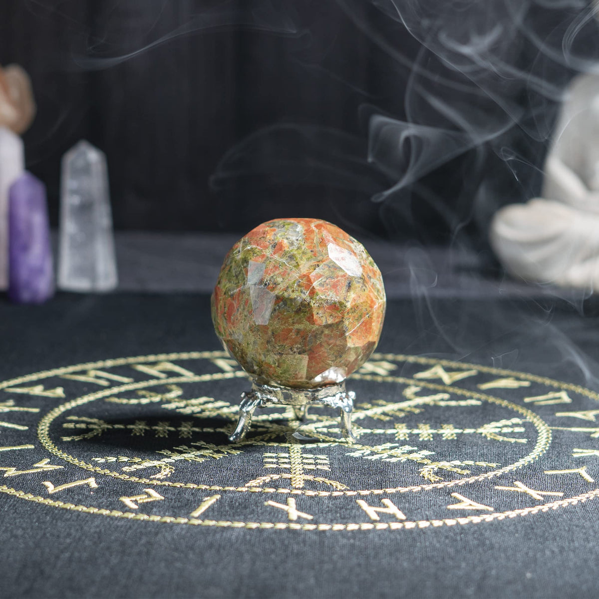 Crocon 45mm Unakite Diamond Cut Stone Sphere Ball with Metal Stand 1400+ Carats Gemstone Ball Healing Ornament Rock Sphere Sculpture Figurine for Fengshui Divination Crystal Home Decor Photography