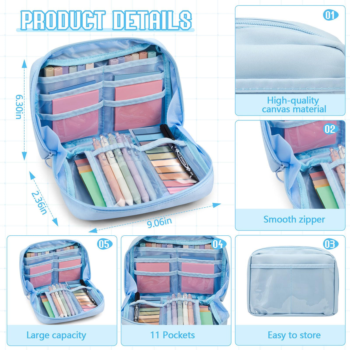 Jutom 39 Pcs Aesthetic Book Annotation Kit Highlighter with Pencil Case Bag Gel Pen Transparent Sticky Note Taking Bible Study College School Supplies(Blue,Kawaii Style)