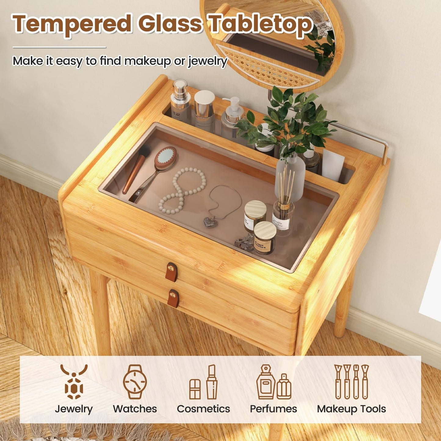 CHARMAID Makeup Vanity Table, Space-Saving Bamboo Vanity Desk with Rotating Mirror, 2 Drawers, Deep Storage Alcove, Tempered Glass Tabletop, Girls Dressing Table for Small Space Bedroom (Vanity Desk)
