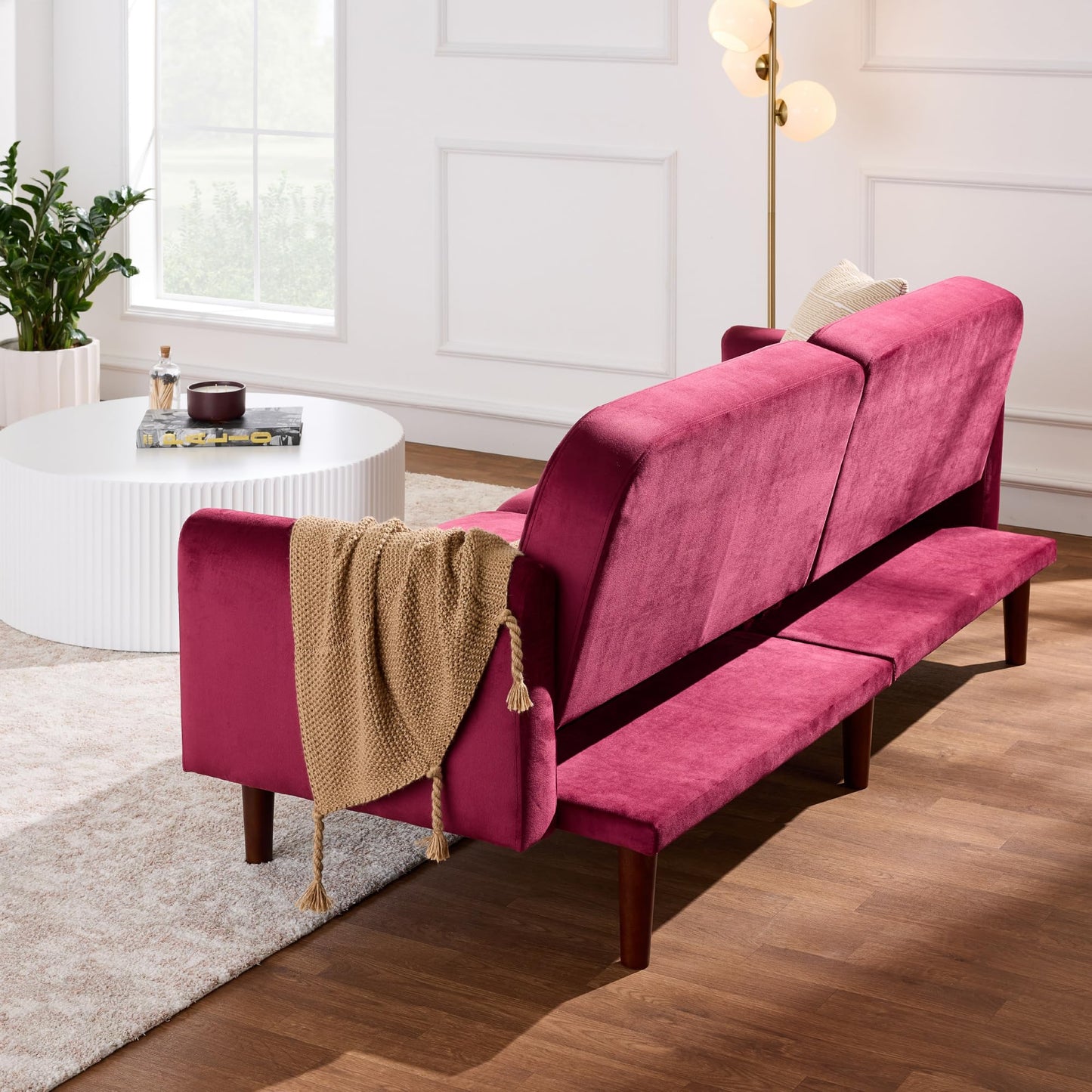 Best Choice Products 77" Mid Century Modern Velvet Loveseat Sofa, Couch, Convertible Sofa Sleeper Bed w/Real Wood, Removable Armrest - Raspberry