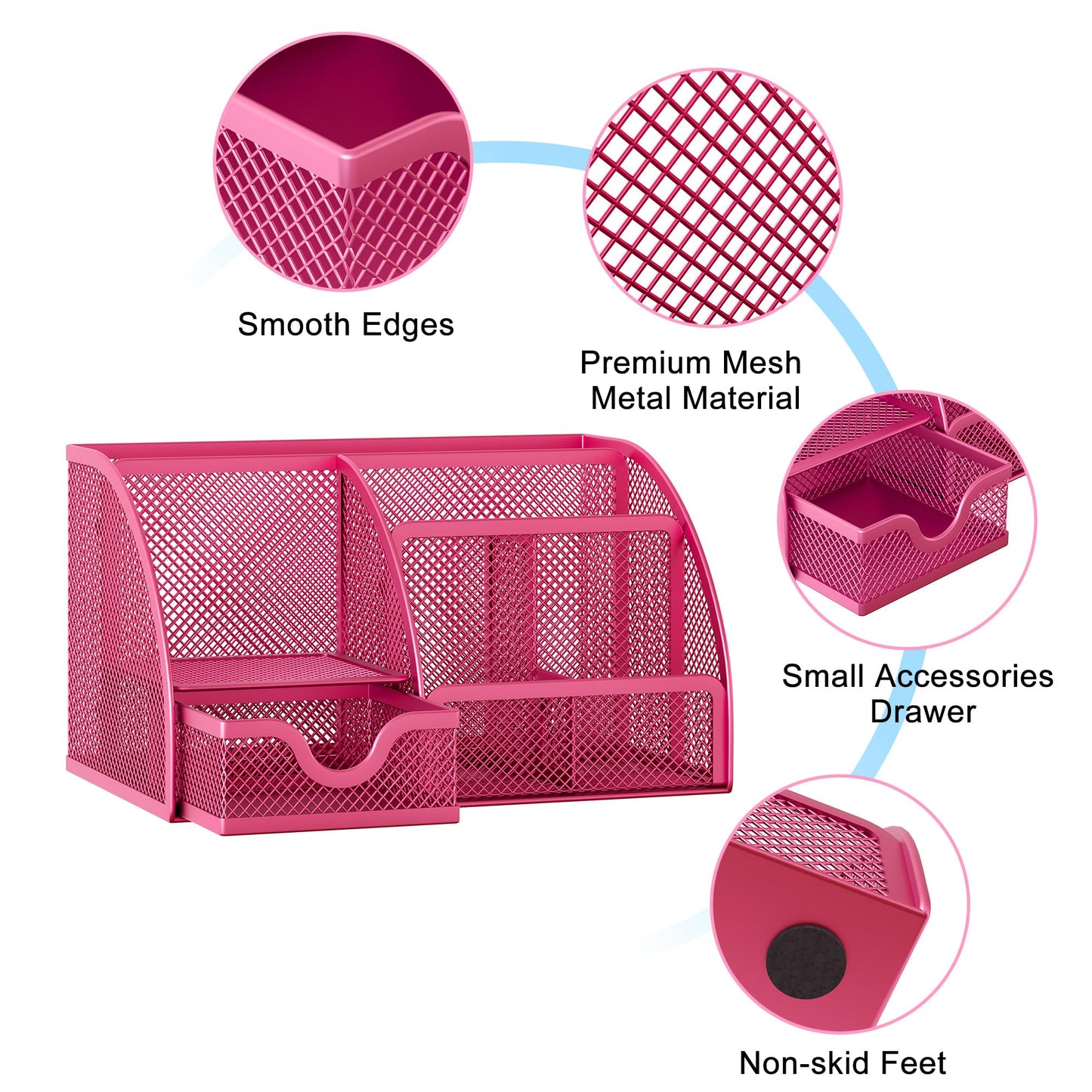 EasyPAG Mesh Desk Organizer with Drawer Multi-functional Pen Holder Stationery Organizer for Office School Supplies 6 Compartments Dorm Organizers and Storage for Desk, Hot Pink