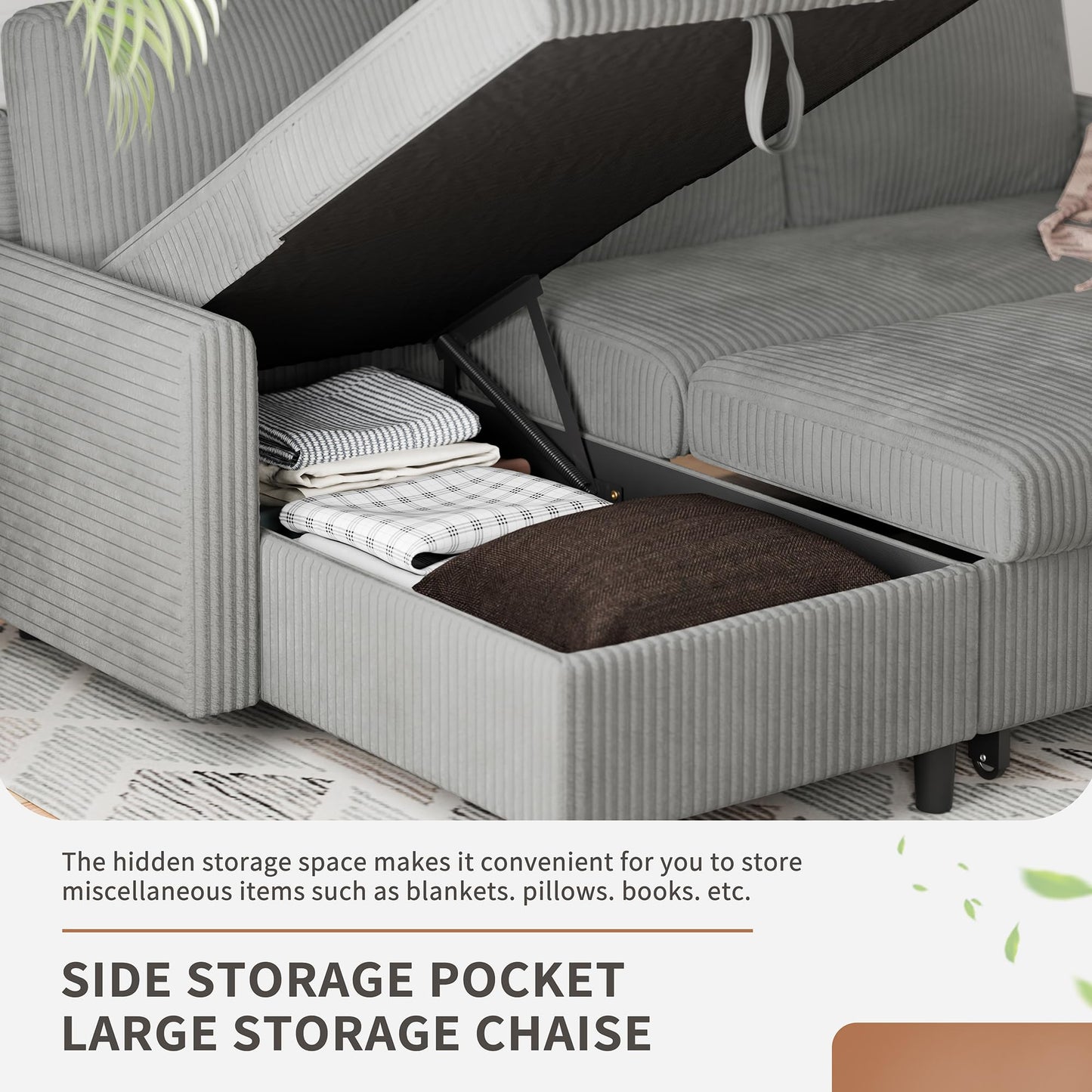 Walsunny 77" Sectional Sleeper Sofa with Pull Out Bed, Modern L-Shaped Corduroy Convertible Couch with Storage Chaise, Reversible Sofa Bed for Small Spaces, Apartment, Office, Light Grey