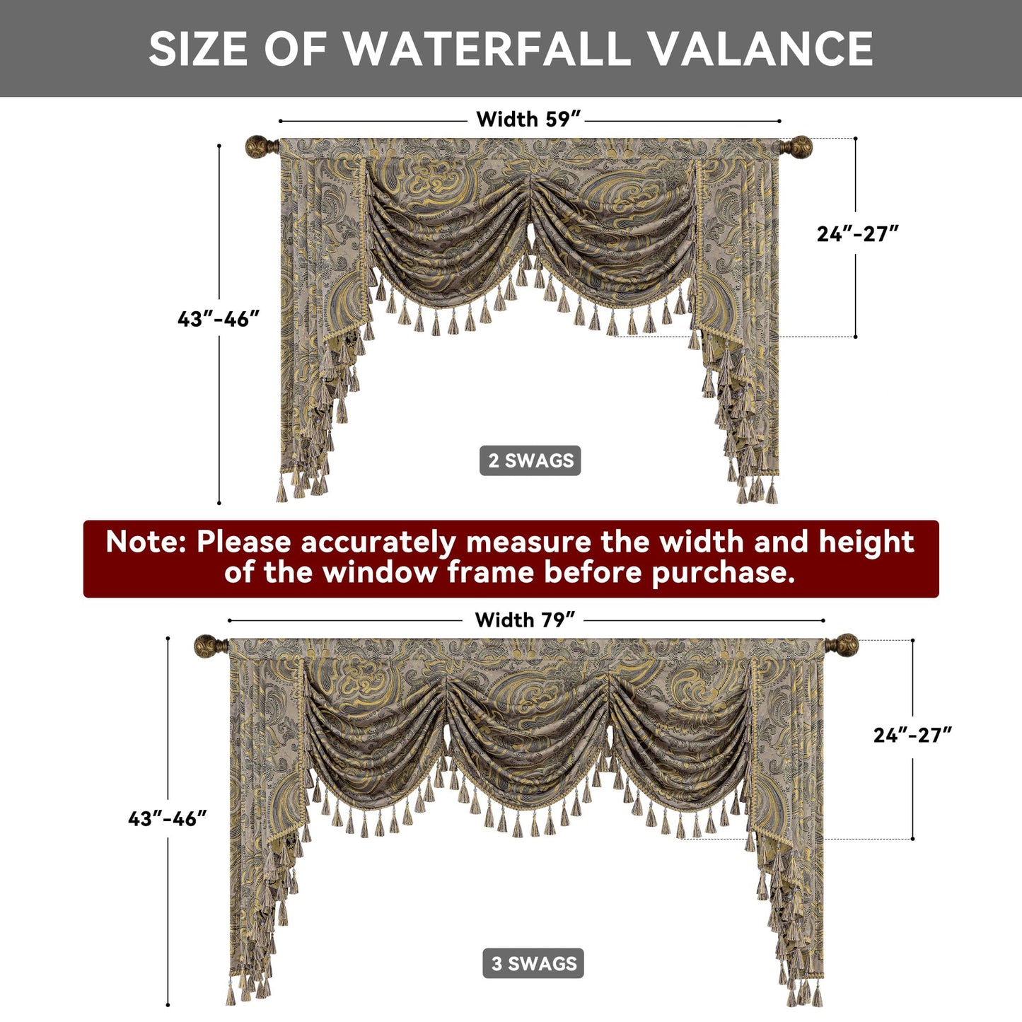 Loom and Mill European Antique Waterfall Valance for Living Room, Luxury Jacquard Damask Swag Valances with Tassels, Taupe Gold Swag Curtains for Bedroom Window Holiday Decor(W59 Inch,1 Panel)