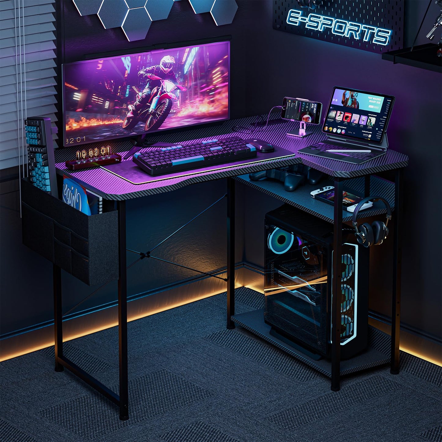 Acrolix L Shaped Gaming Desk 40 Inch - Computer Corner Desk with Power Outlets, Reversible Shelves & Storage Bag for Home Office, PC Gaming Table, Black Carbon