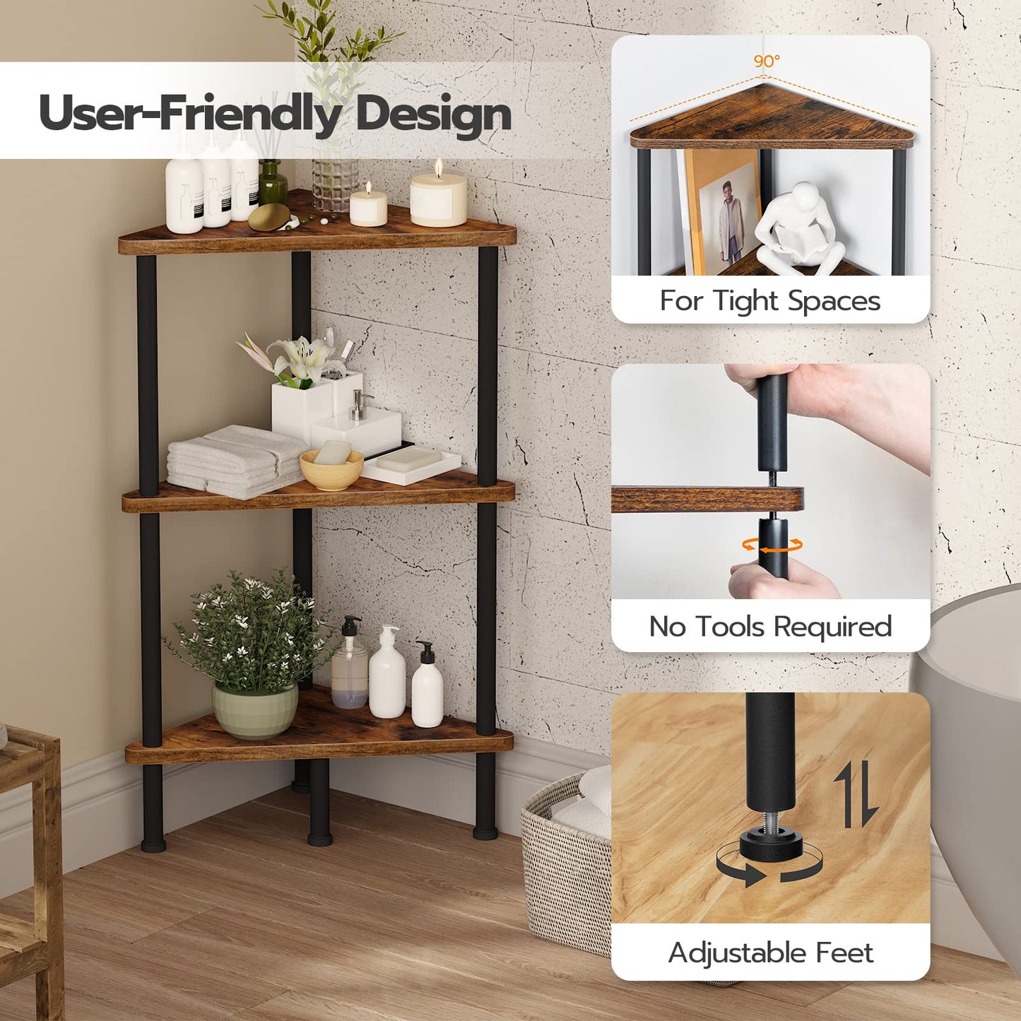 HOOBRO Corner Shelf Stand, Industrial 3-Tier Corner Bookshelf with Metal Frame, Plant Display Shelf, Small Bookcase for Small Spaces, Living Room, Rustic Brown and Black BF30CJ01