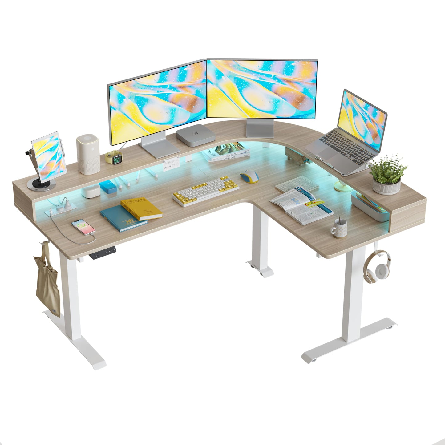 FEZIBO 63"x49" L Shaped Standing Desk with Arc LED & Power Outlet, Electric Height Adjustable L Shaped Computer Desk with Monitor Stand, for Gaming Office, Light Walnut