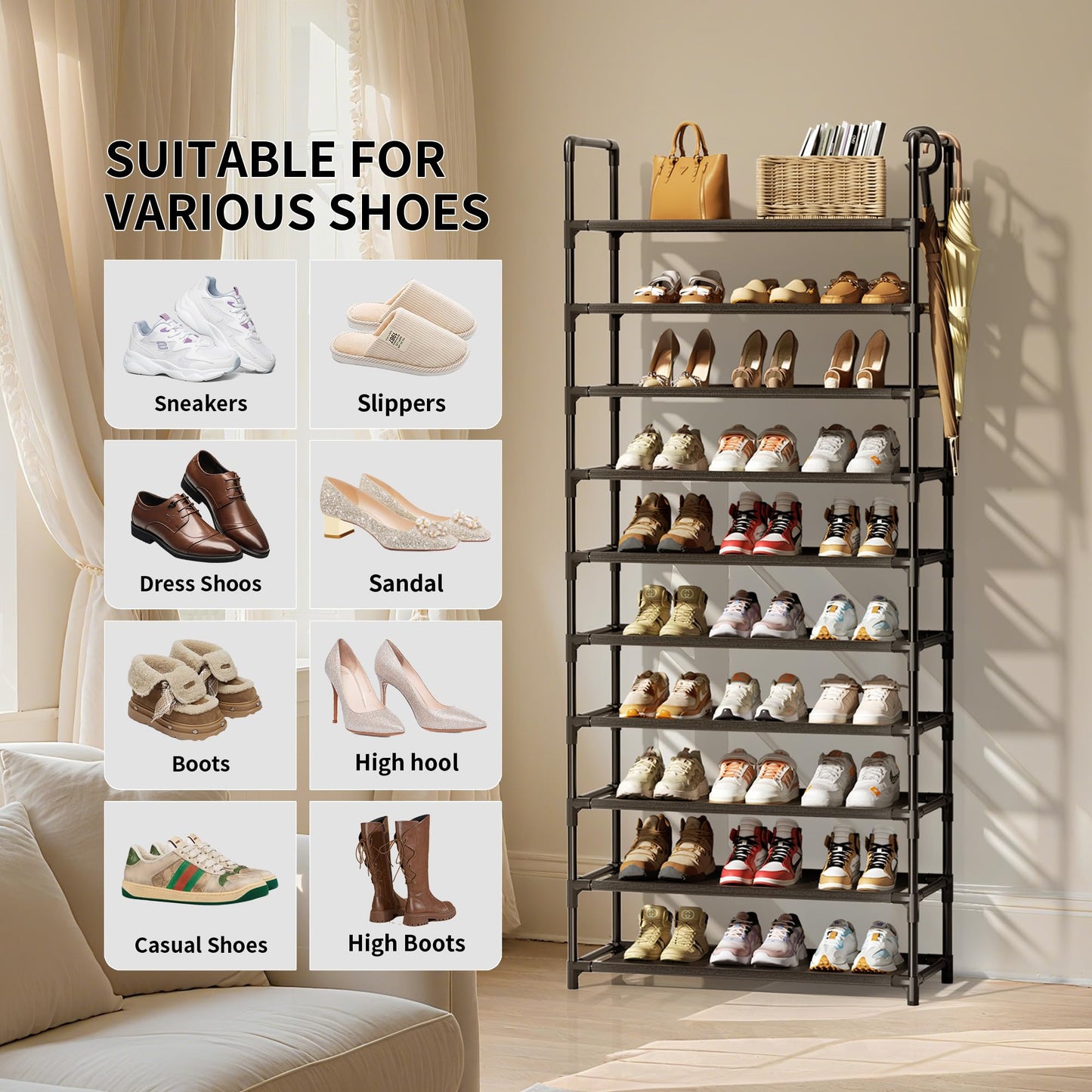 SRRSO Shoe Rack, 10 Tier Shoe Storage Organizer Fit 30-35 Pairs Shoes,Metal Tall Shoe Shelf for Closet,Entryway,Garage,Bedroom,Cloakroom