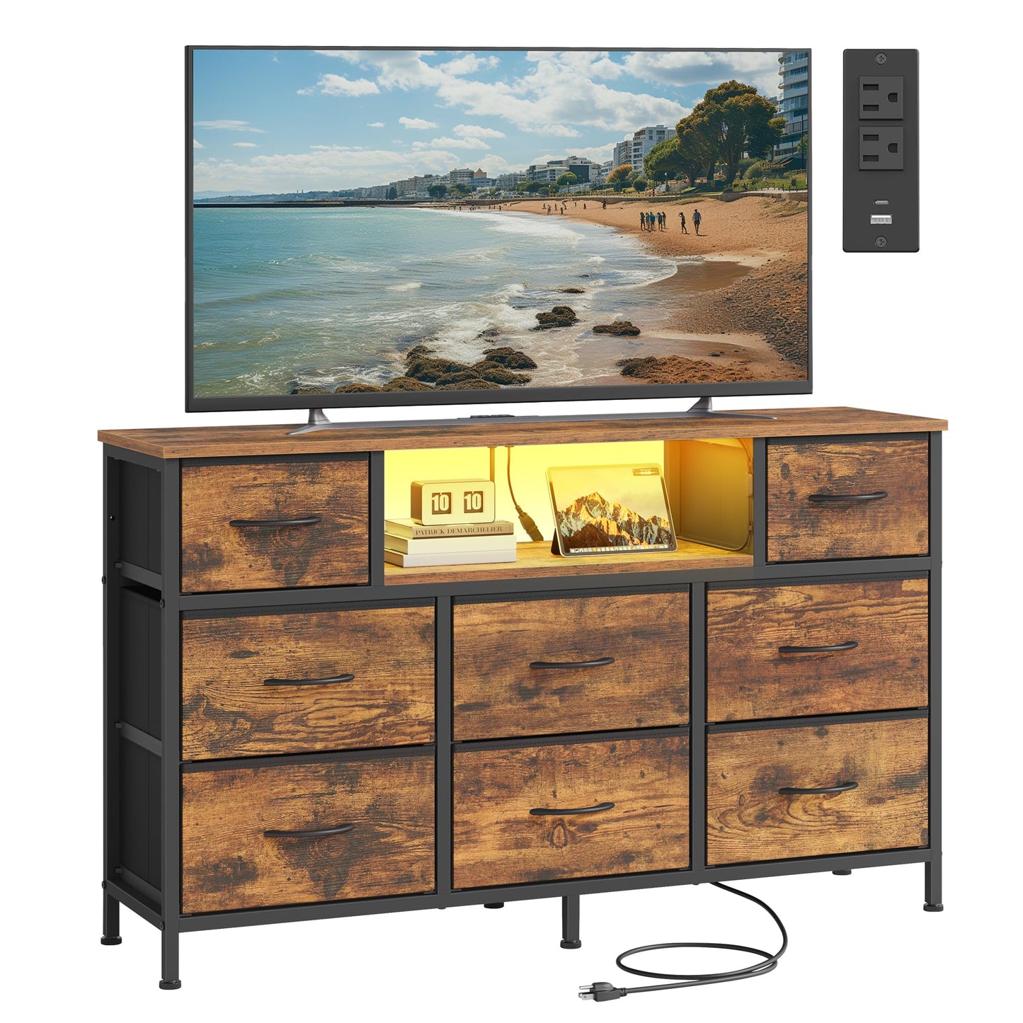 SONGMICS BELLAH Collection - Dresser for Bedroom with Outlets and LED Lights, TV Stand for TVs Up to 55 Inches, Chest of Drawers, 8 Drawers, Steel, Industrial, Rustic Brown and Ink Black ULGS433KD02S